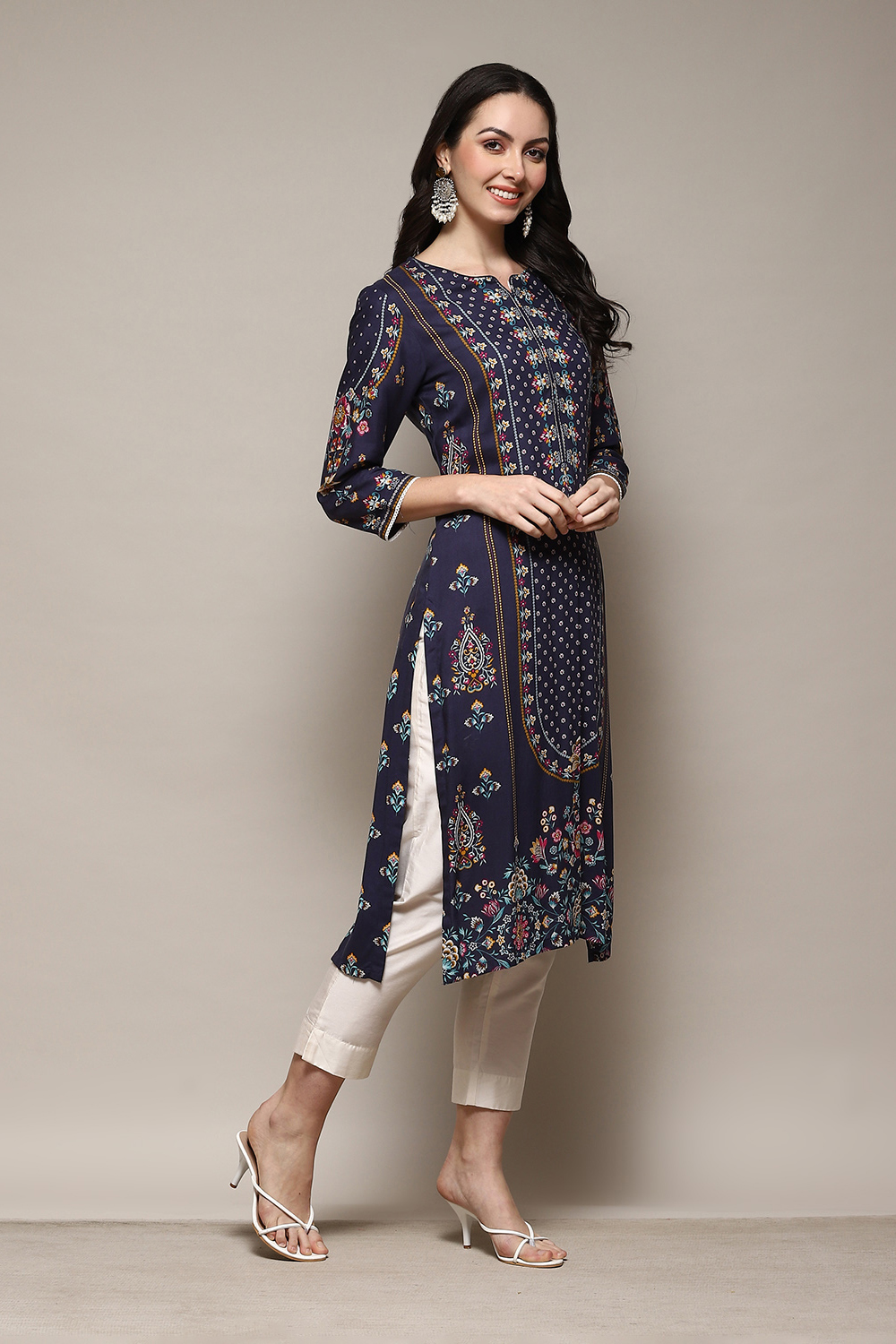 Navy LIVA Straight Printed Kurta image number 3