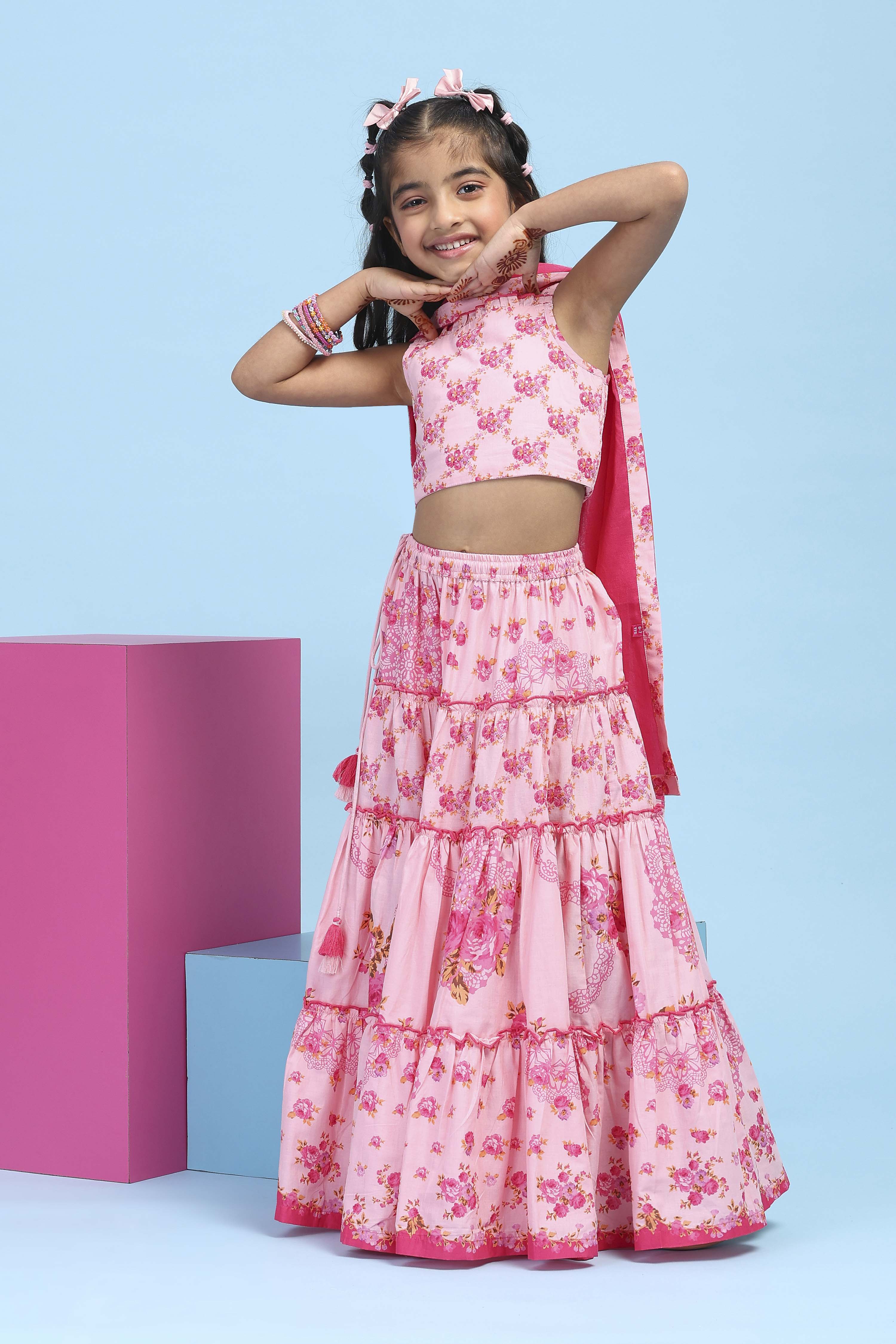 Pink Cotton Printed Tiered Lehenga Set image number 6