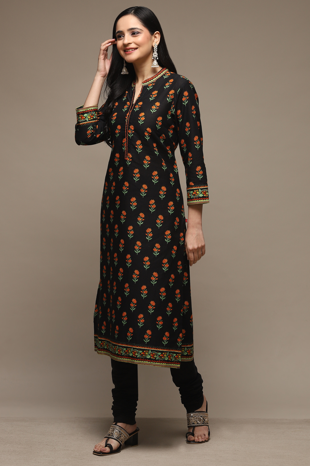Black Cotton Straight Kurta Churidar Suit Set image number 3
