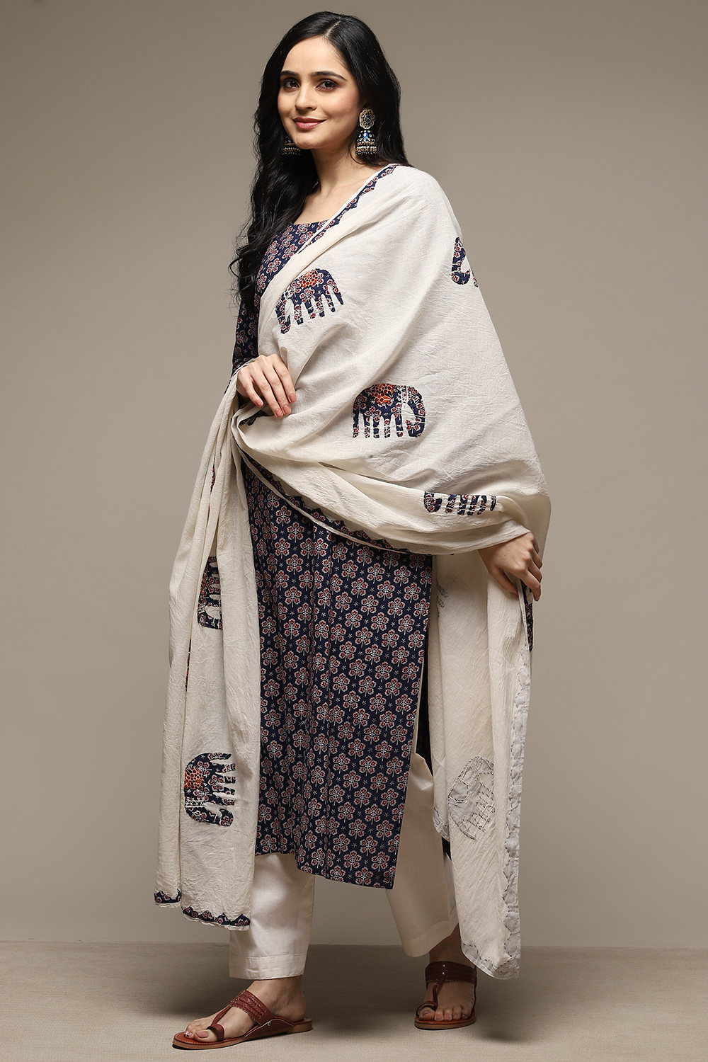 Blue Cotton Hand Block Print Unstitched Suit Set image number 6