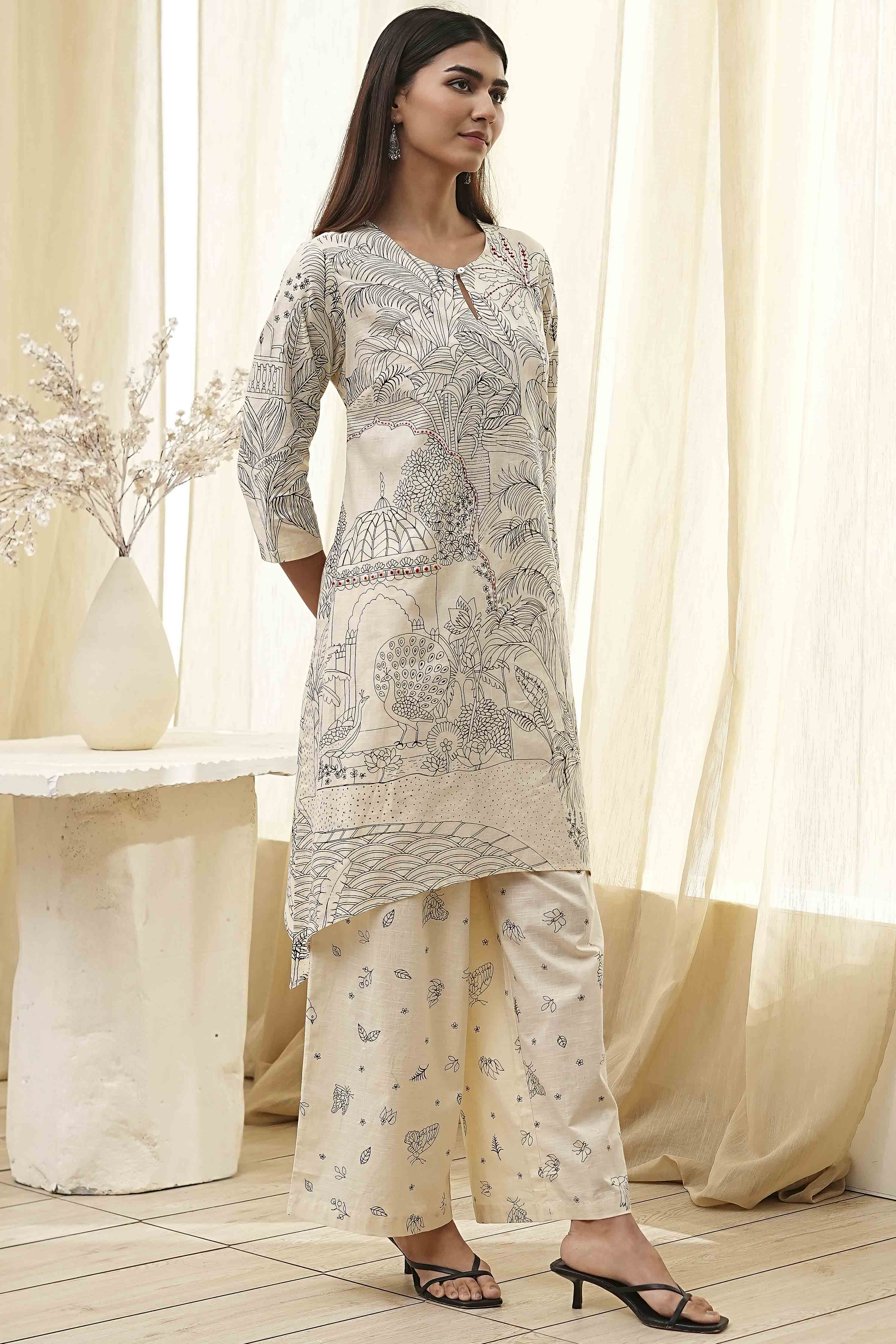 Off-White Cotton Straight Printed Kurta Set image number 5