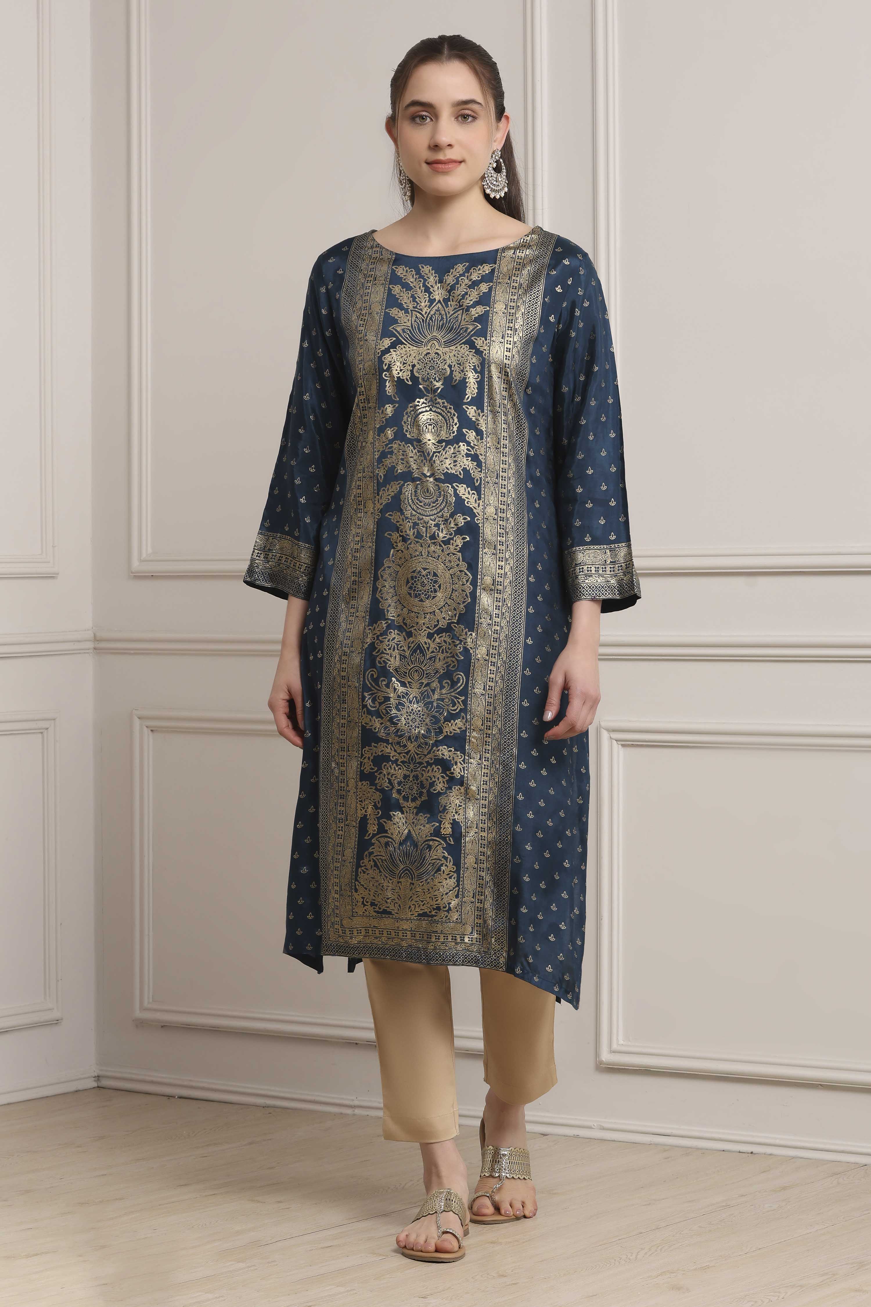 Indigo Viscose Rayon A-Line Kurta Pants Set image number 6