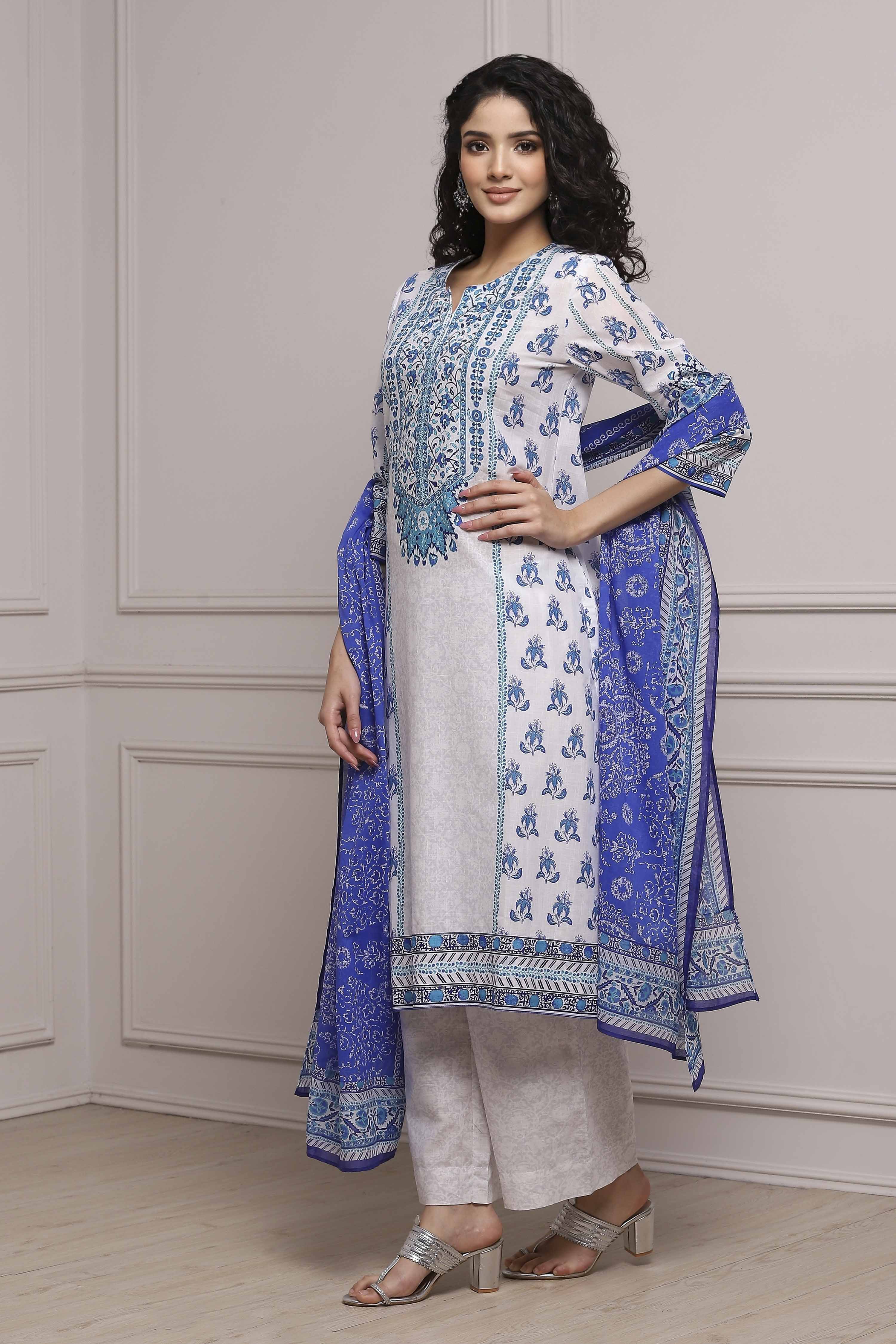 White and Blue Cotton Printed Straight Suit Set image number 3