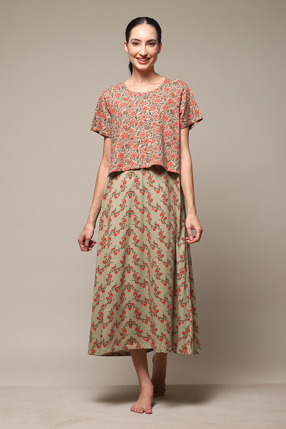 Sage Green Cotton Blend Printed Nightdress image number 5