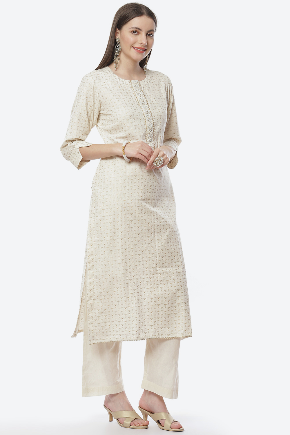 Off White Cotton Hand Block Print Unstitched Suit Set image number 6
