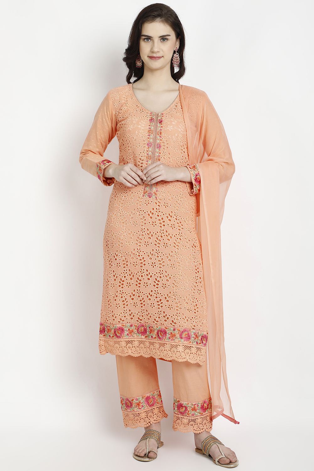 Orange Chanderi Silk Unstitched Suit Set image number 0
