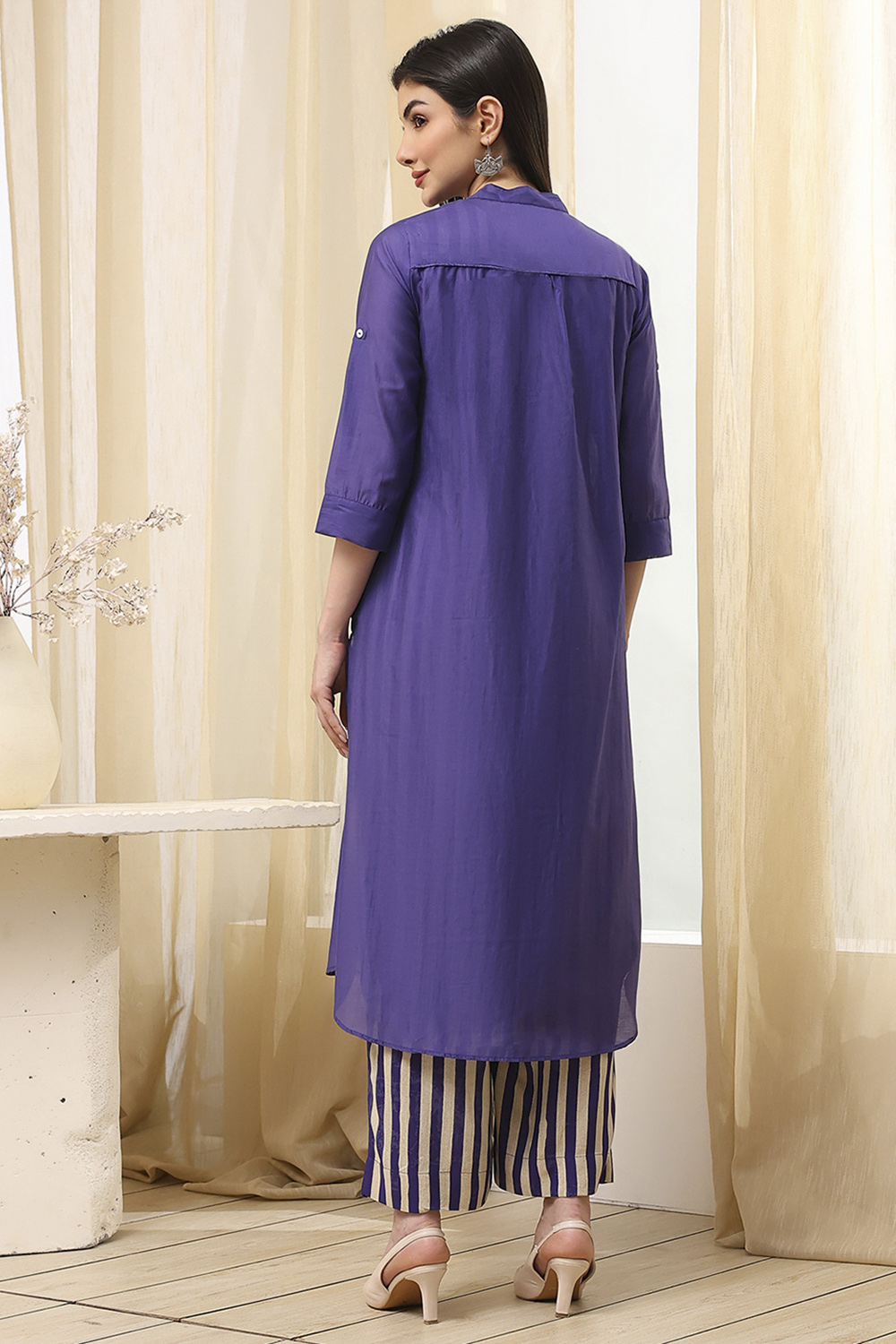 Blue Striped Layered Kurta Set image number 5