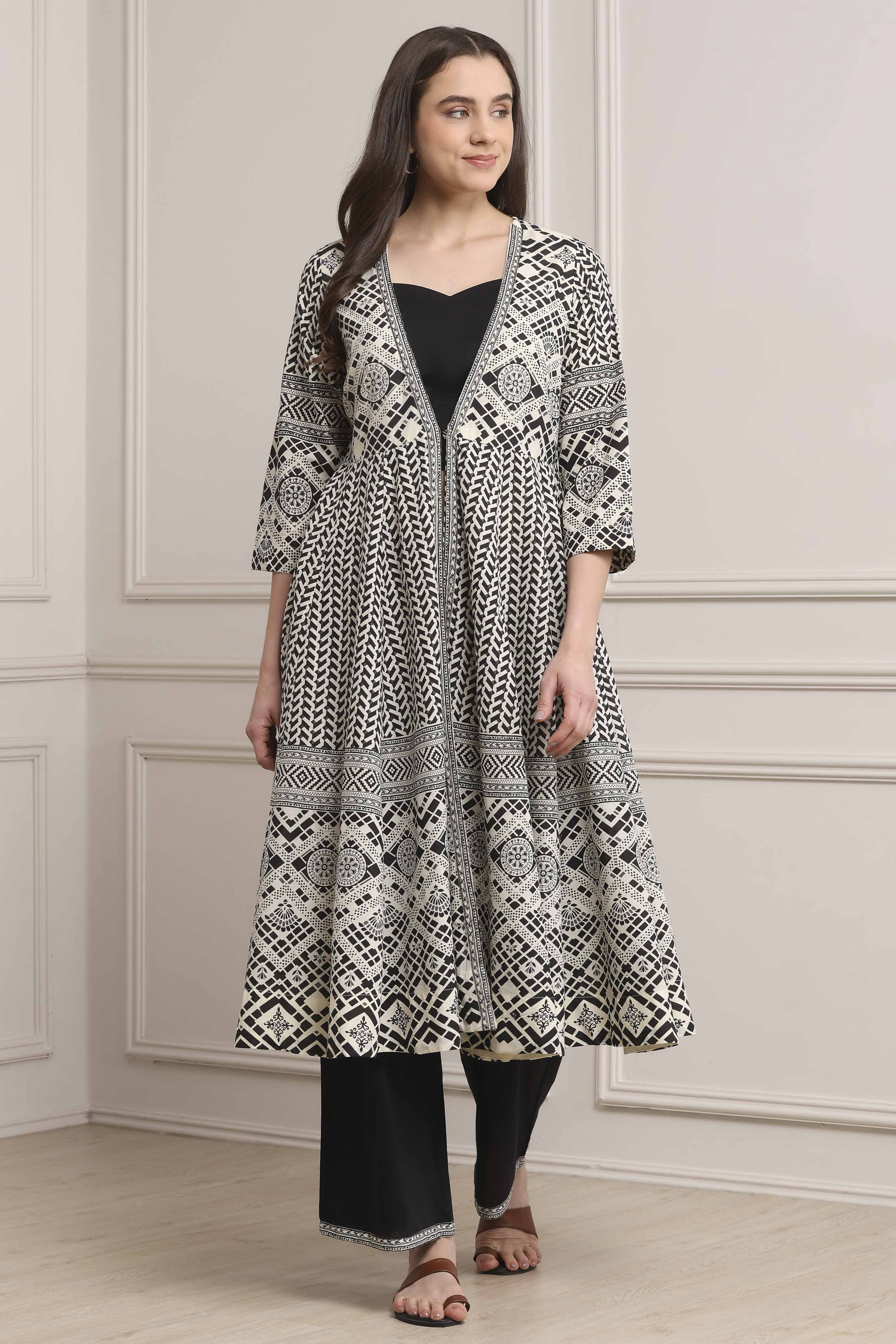 White and Black Cotton Printed Anarkali Fusion Set image number 8