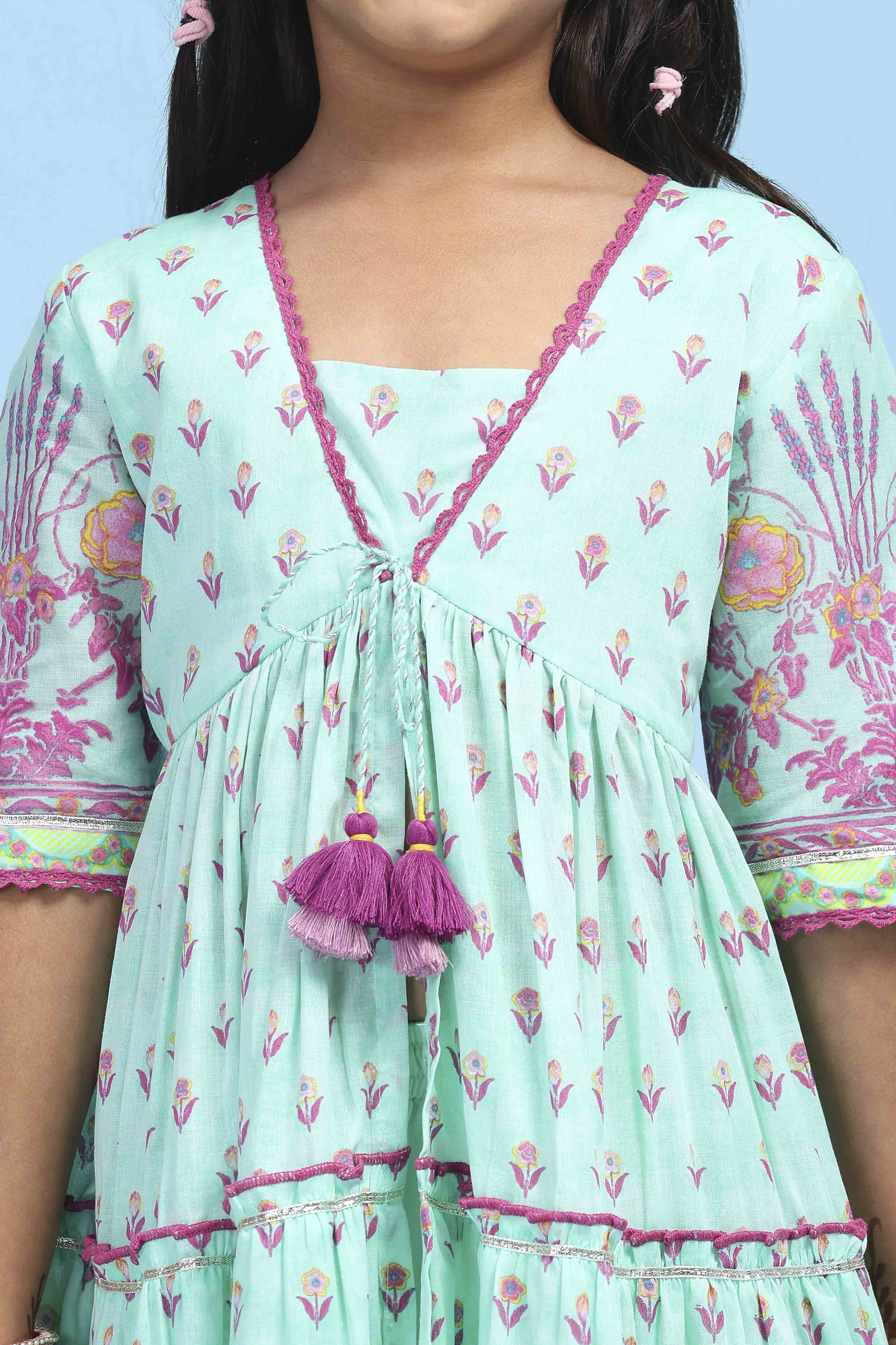 Sea-Green Cotton Printed Tiered Suit Set image number 1