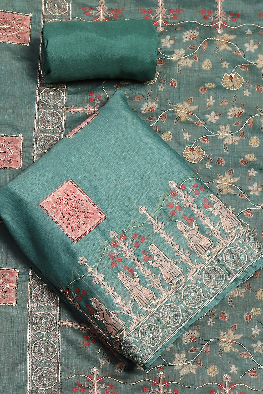 Green Chanderi Hand Embroidered Unstitched Suit Set image number 0
