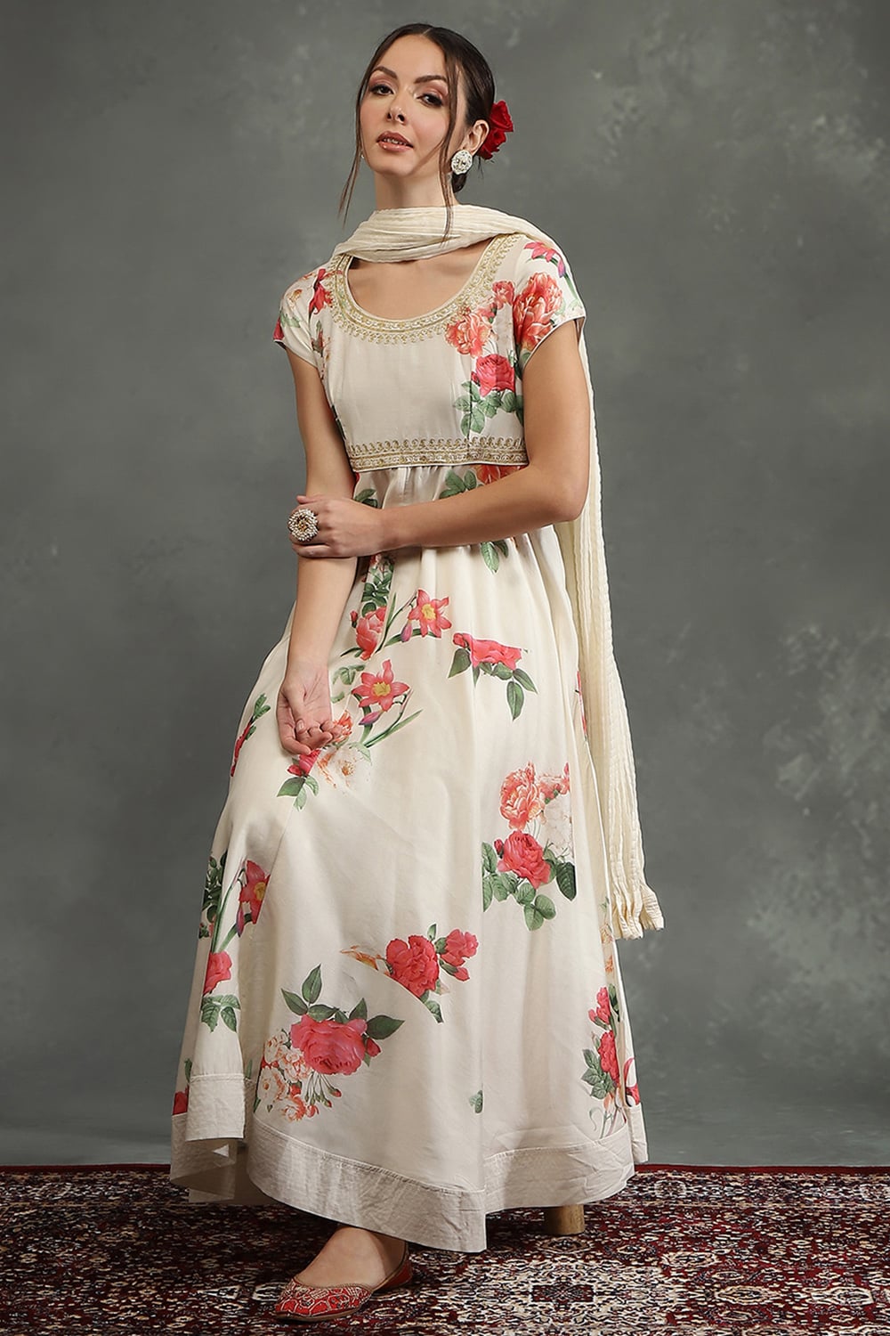 Black Silk Chanderi Floral Printed Anarkali Suit Set image number 0