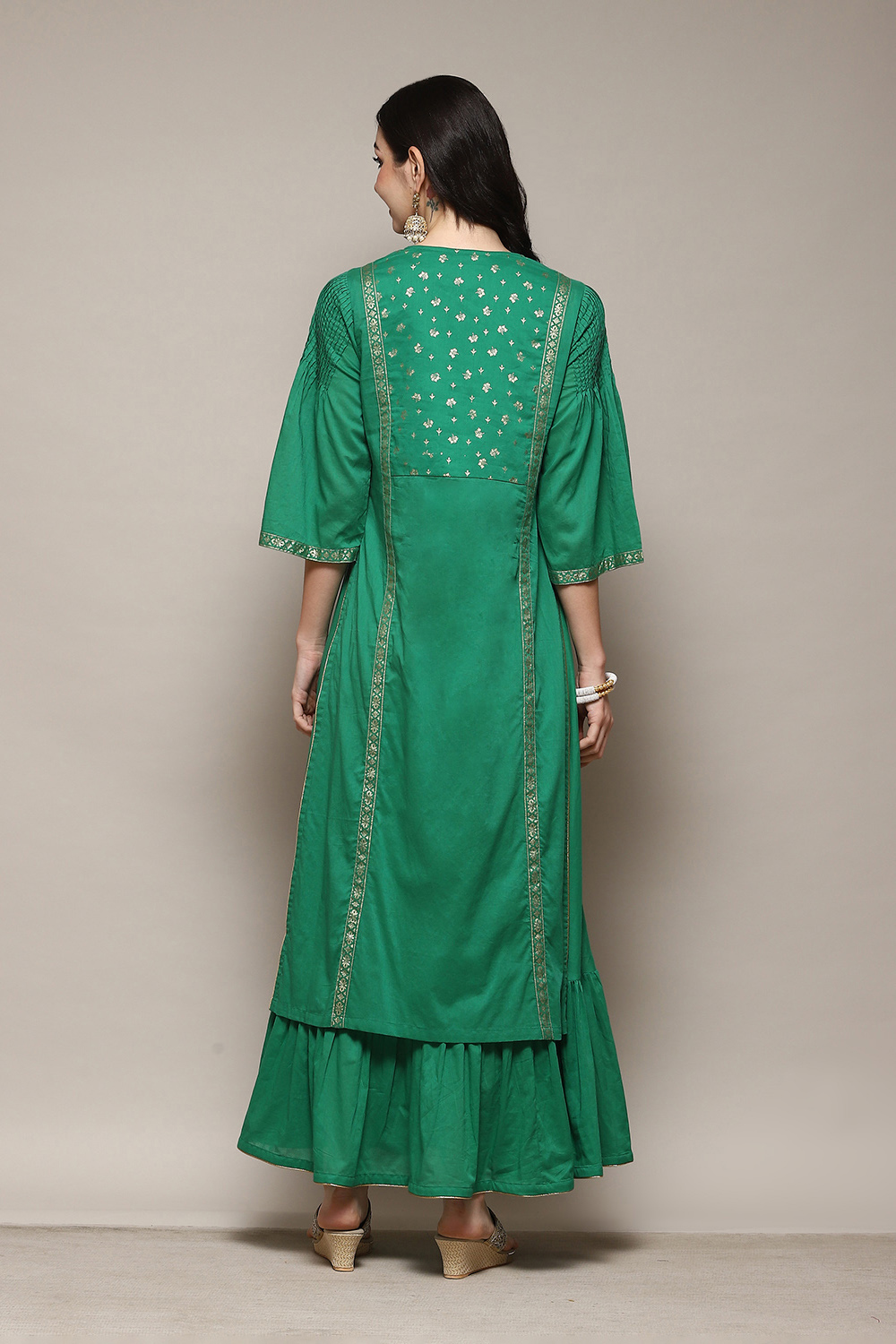 Green Cotton Flared Printed Kurta image number 4