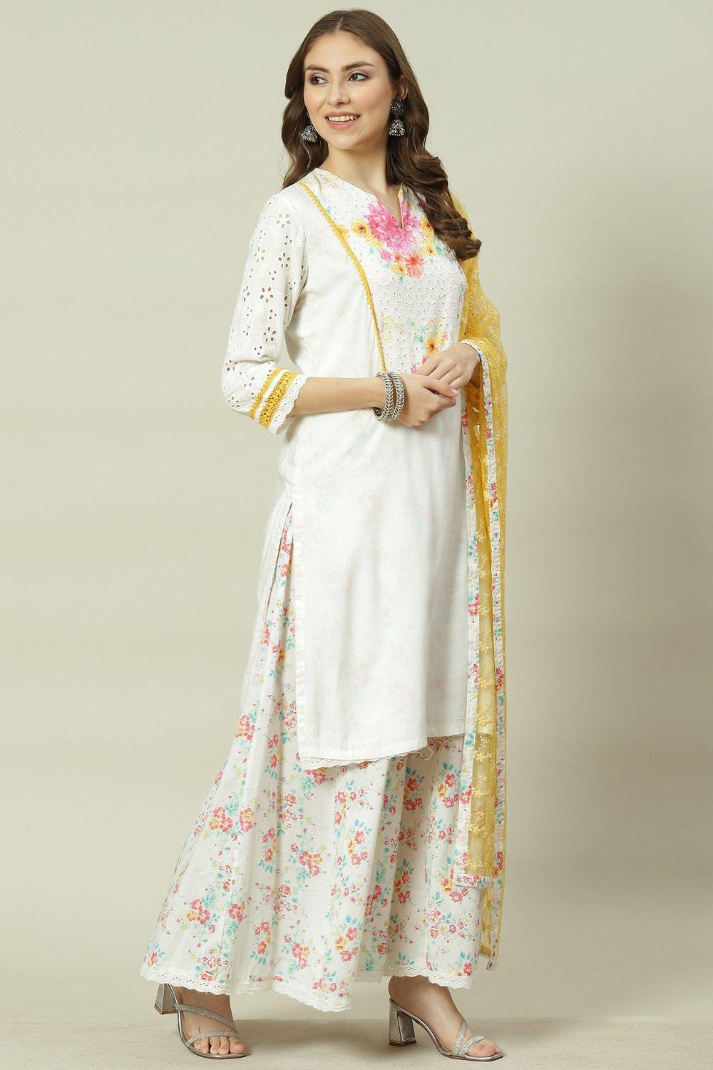 White Viscose Straight Kurta Sharara Suit Set image number 5