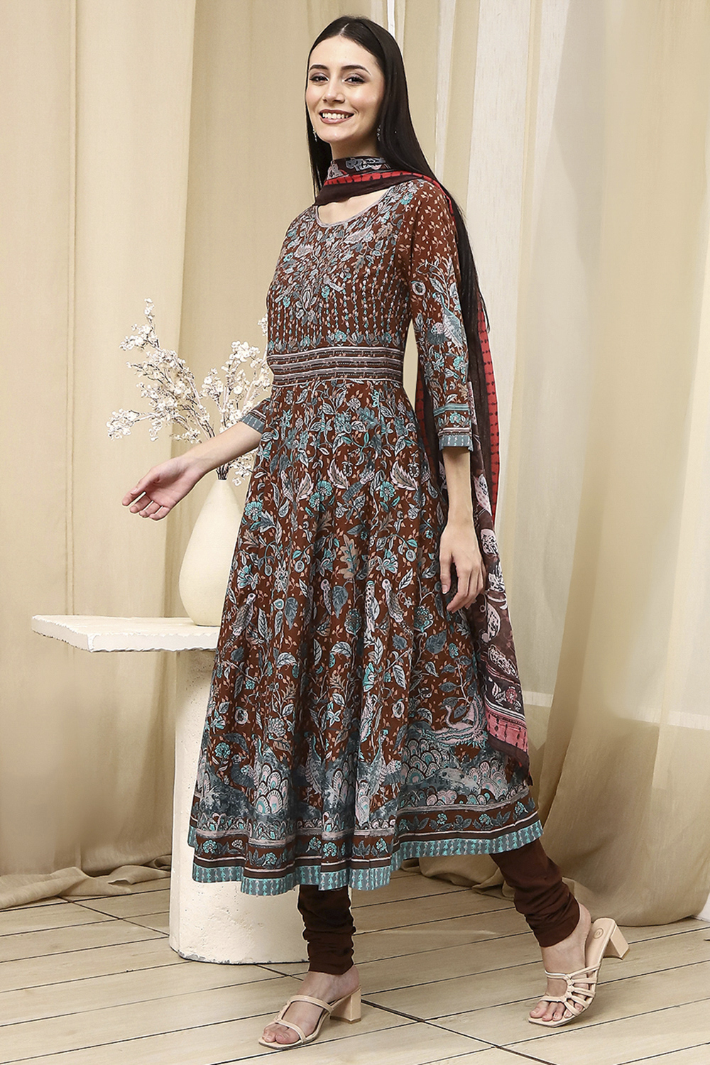 Black Cotton Fitted Anarkali Suit Set image number 3