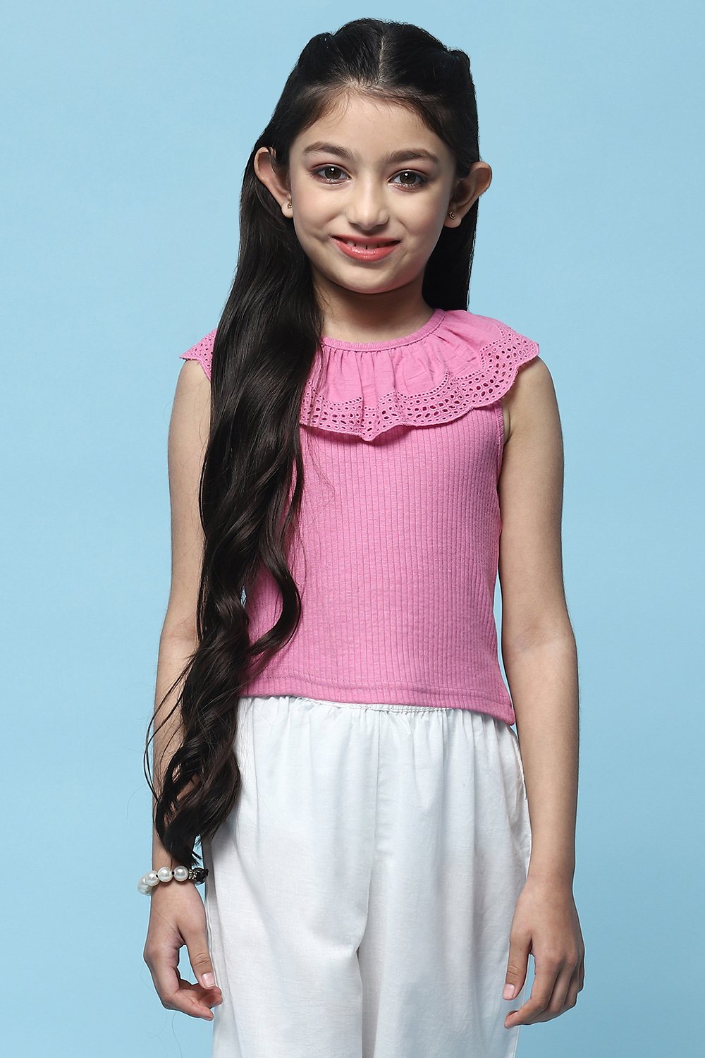 Pink Sleeveless Top With Schiffli Lace Detail image number 5