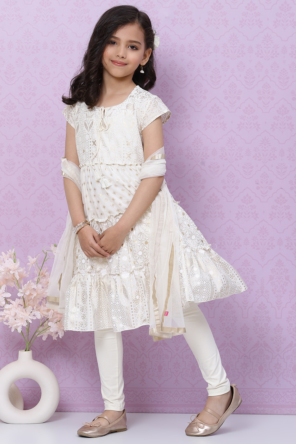 Blue Cotton Flared Kurta Churidar Suit Set image number 7