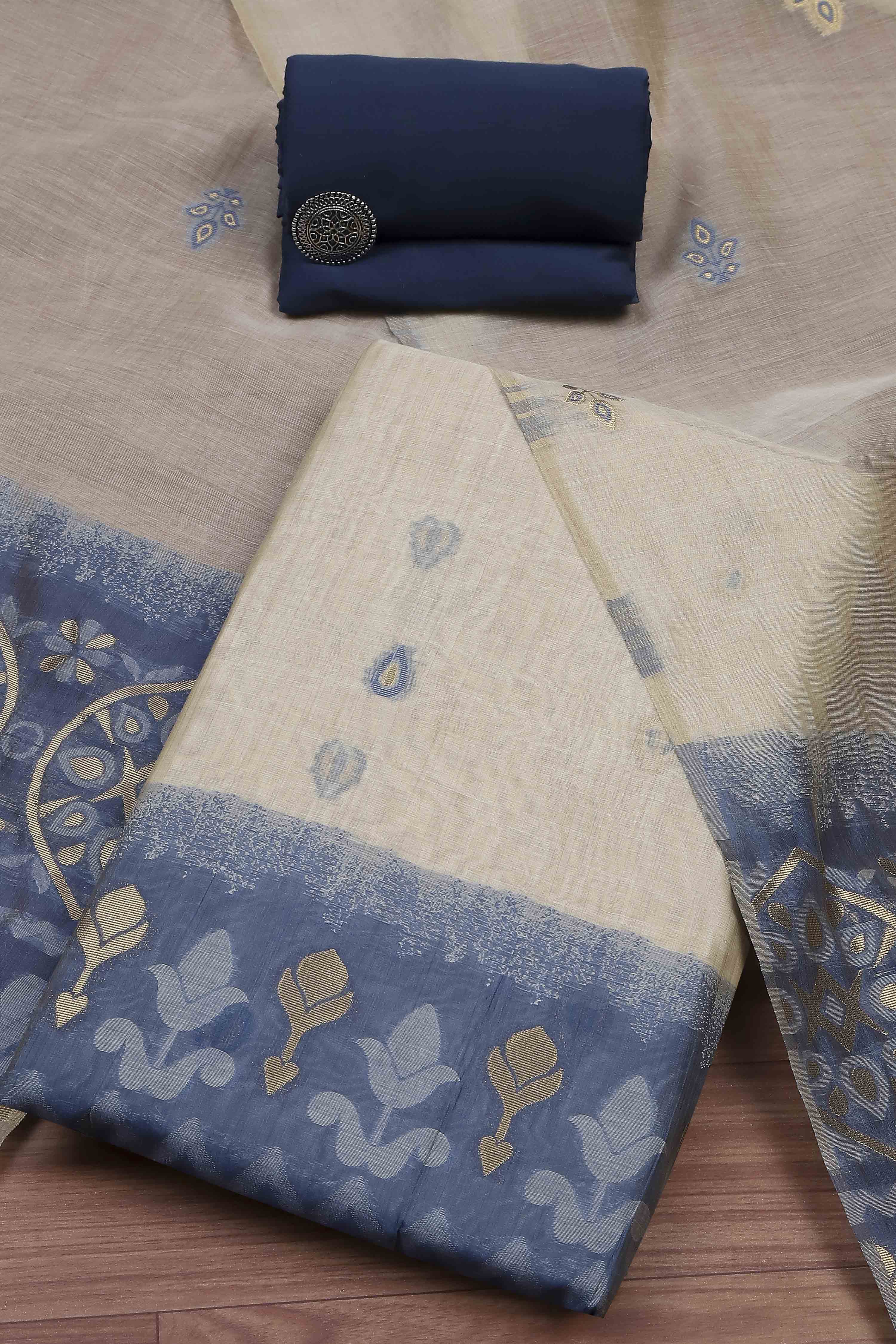 Blue Cotton Jamdani Unstitched Suit Set image number 0