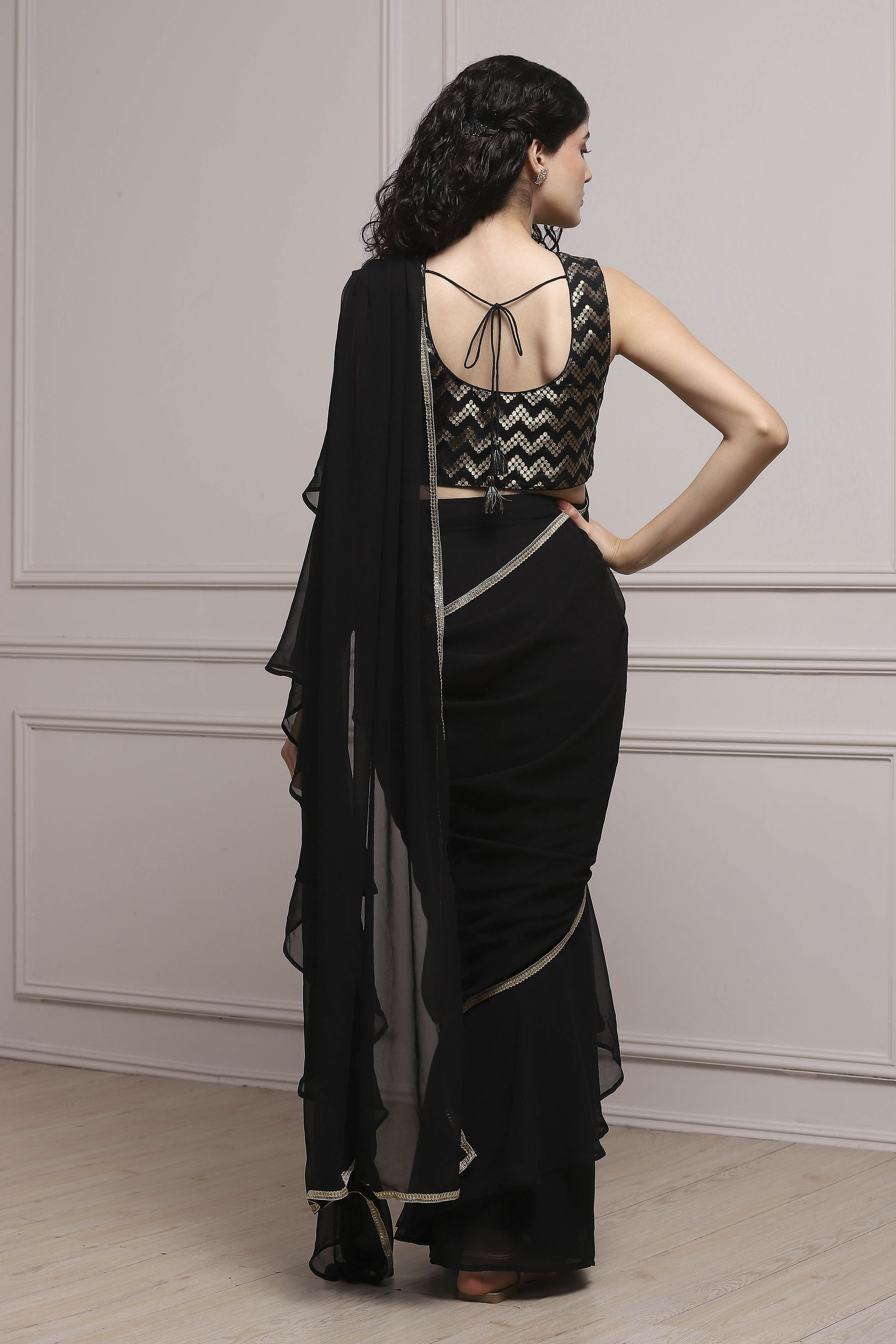 Black Art Silk Pre-draped Saree image number 4