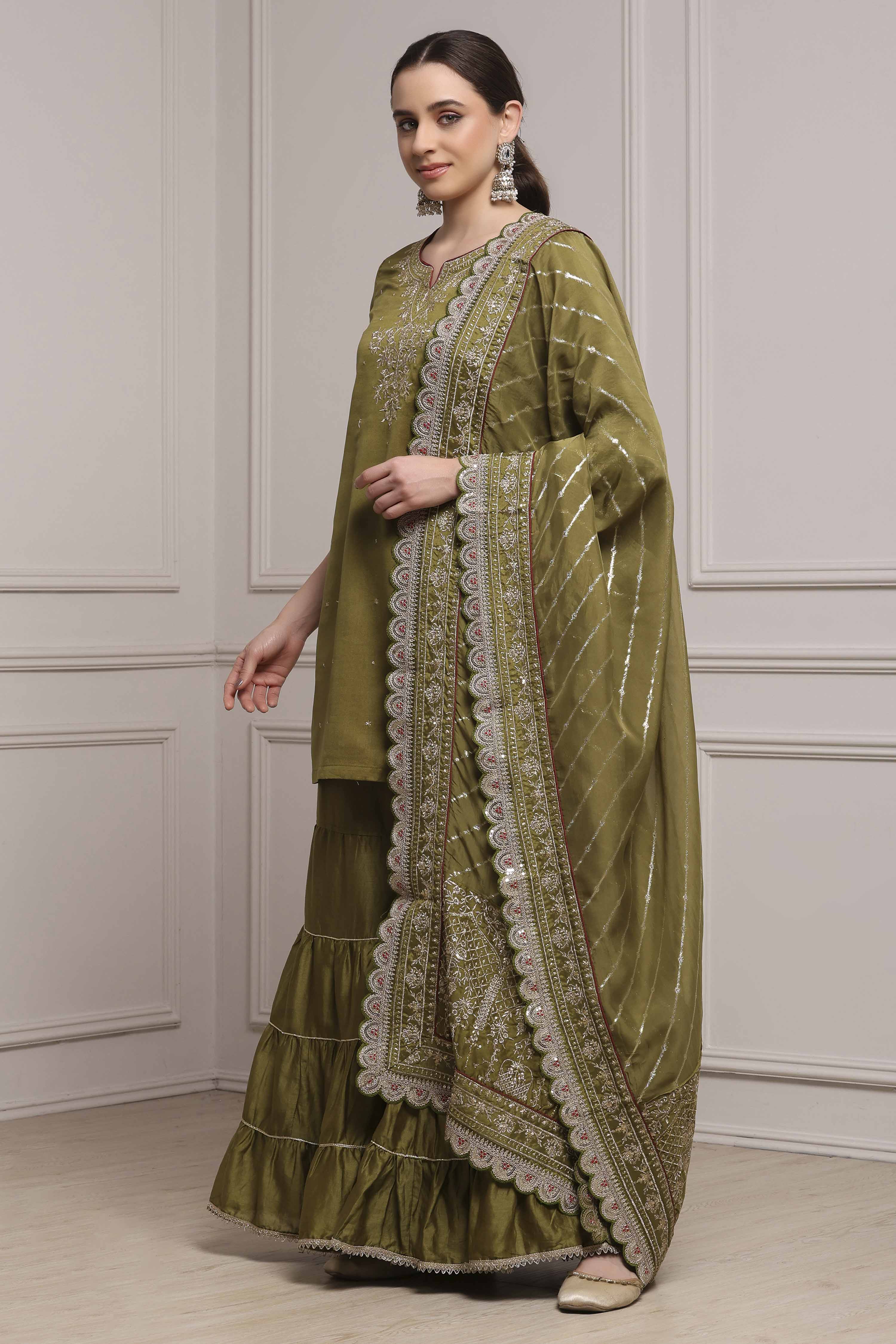 Mehndi Green Cotton Silk Straight Suit Set image number 6