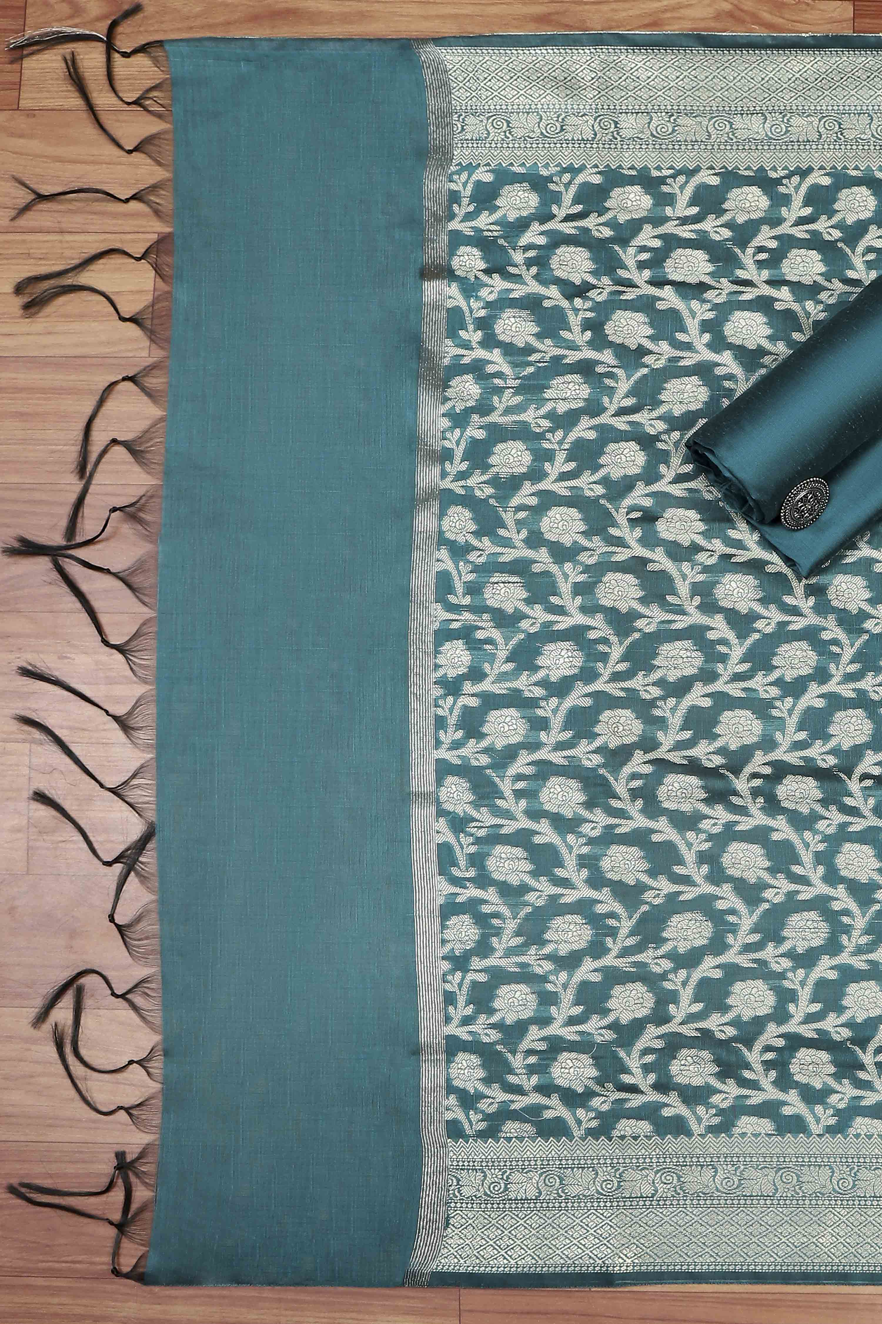 Green Black Poly Cotton Banarasi Unstitched Suit Set image number 3