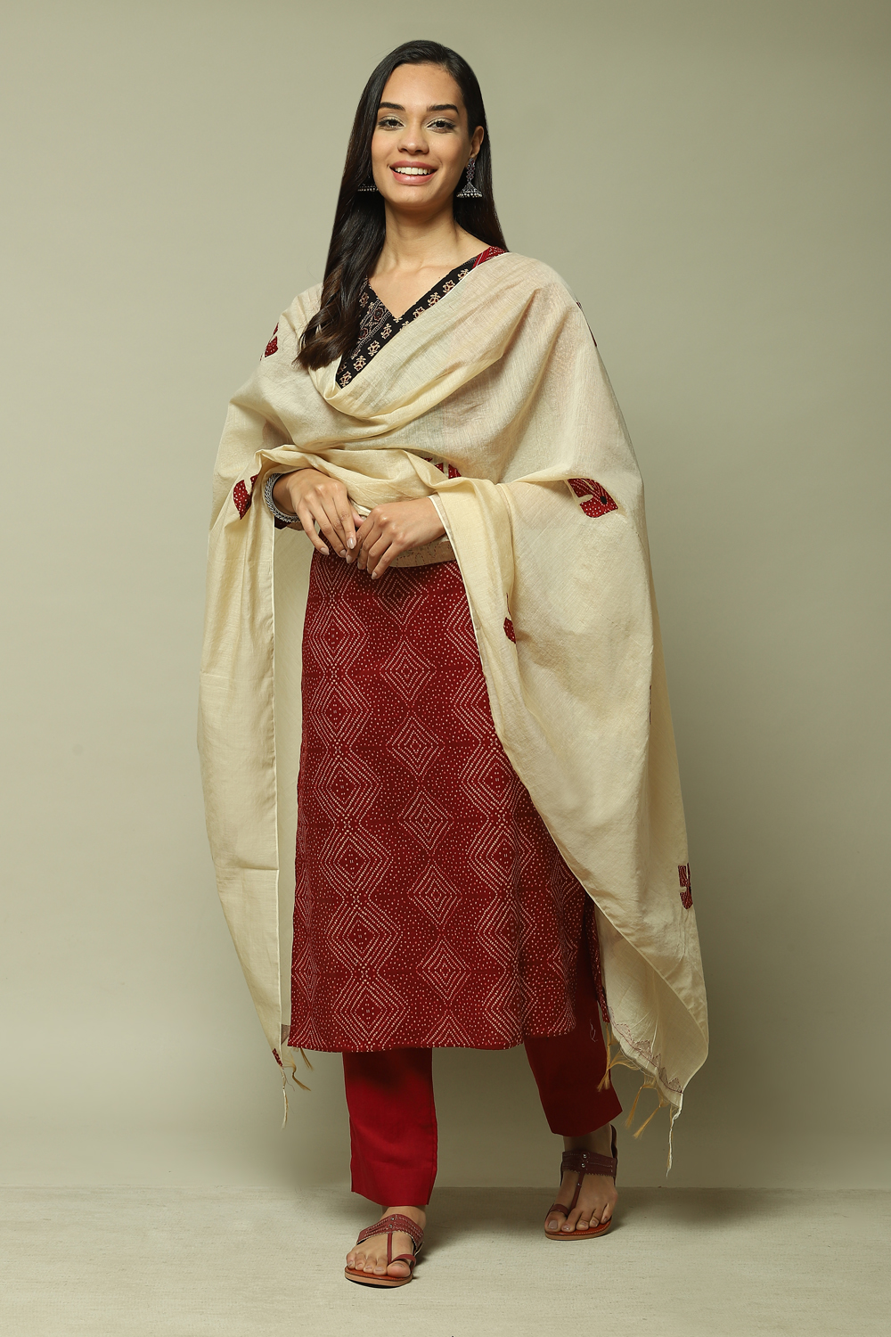 Red Cotton Printed Unstitched Suit Set image number 0