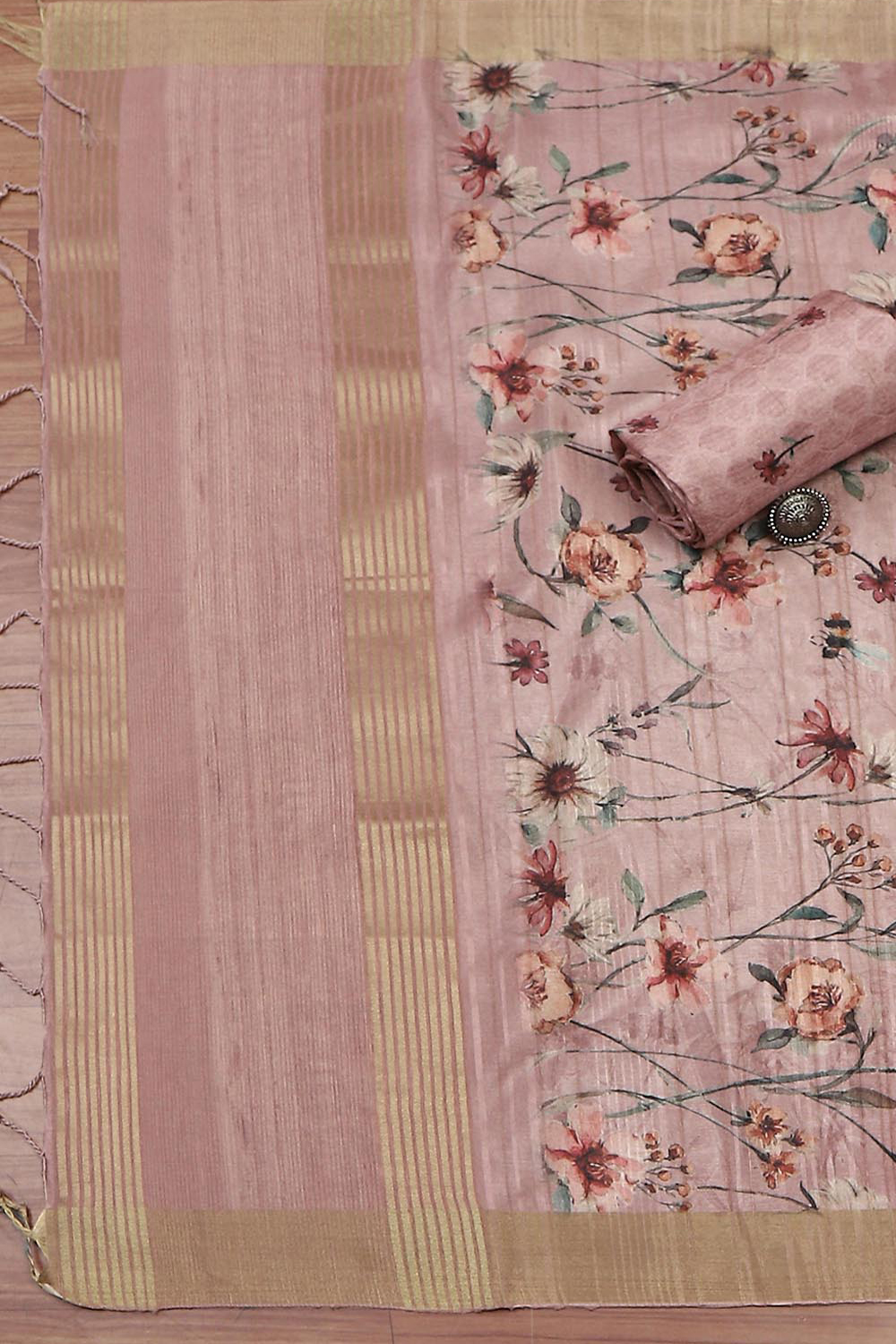 Peach Silk Tussar Handloom Unstitched Suit Set image number 3