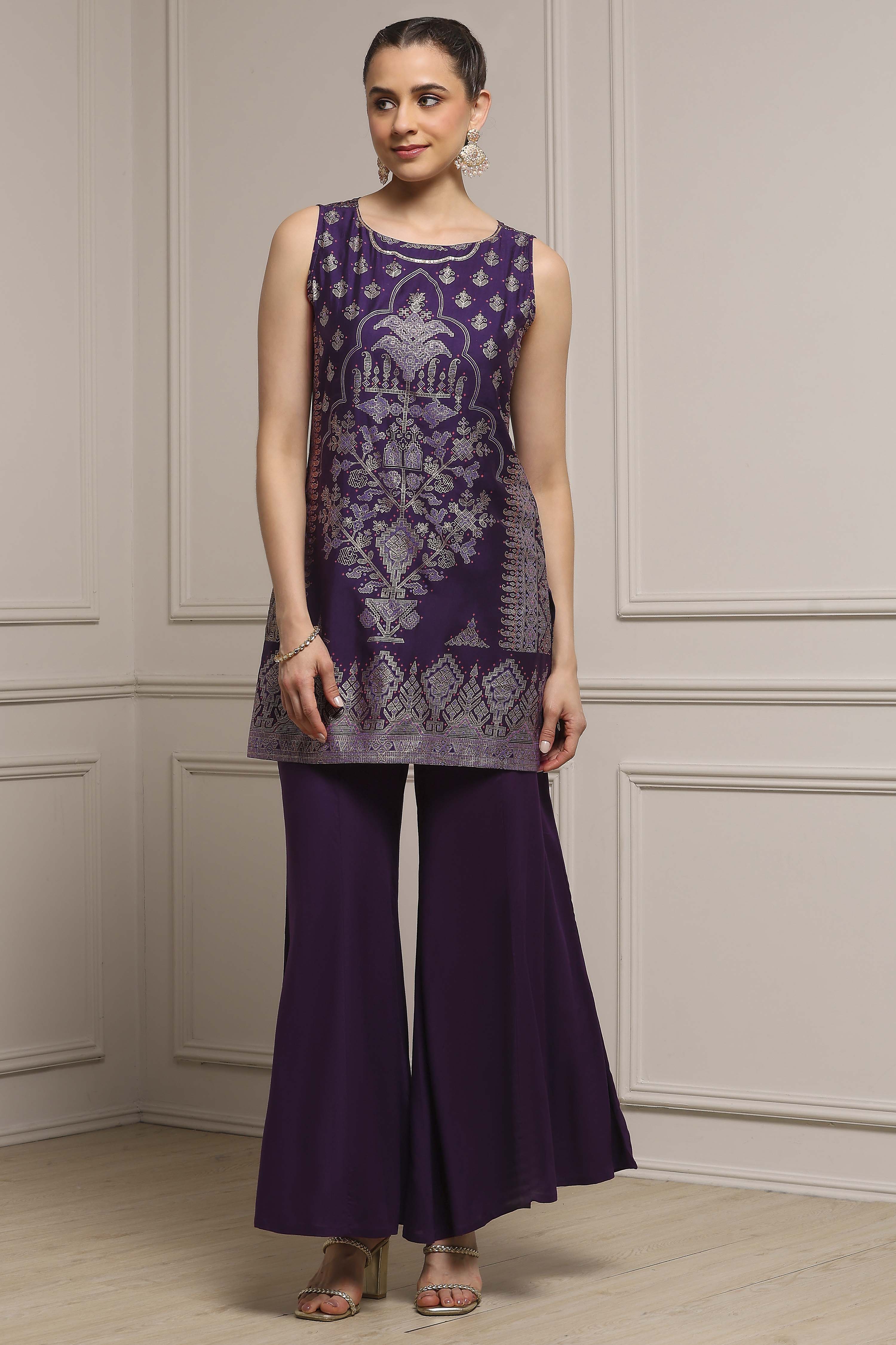 Purple Viscose Blend Straight Printed Kurta Pants Set image number 6