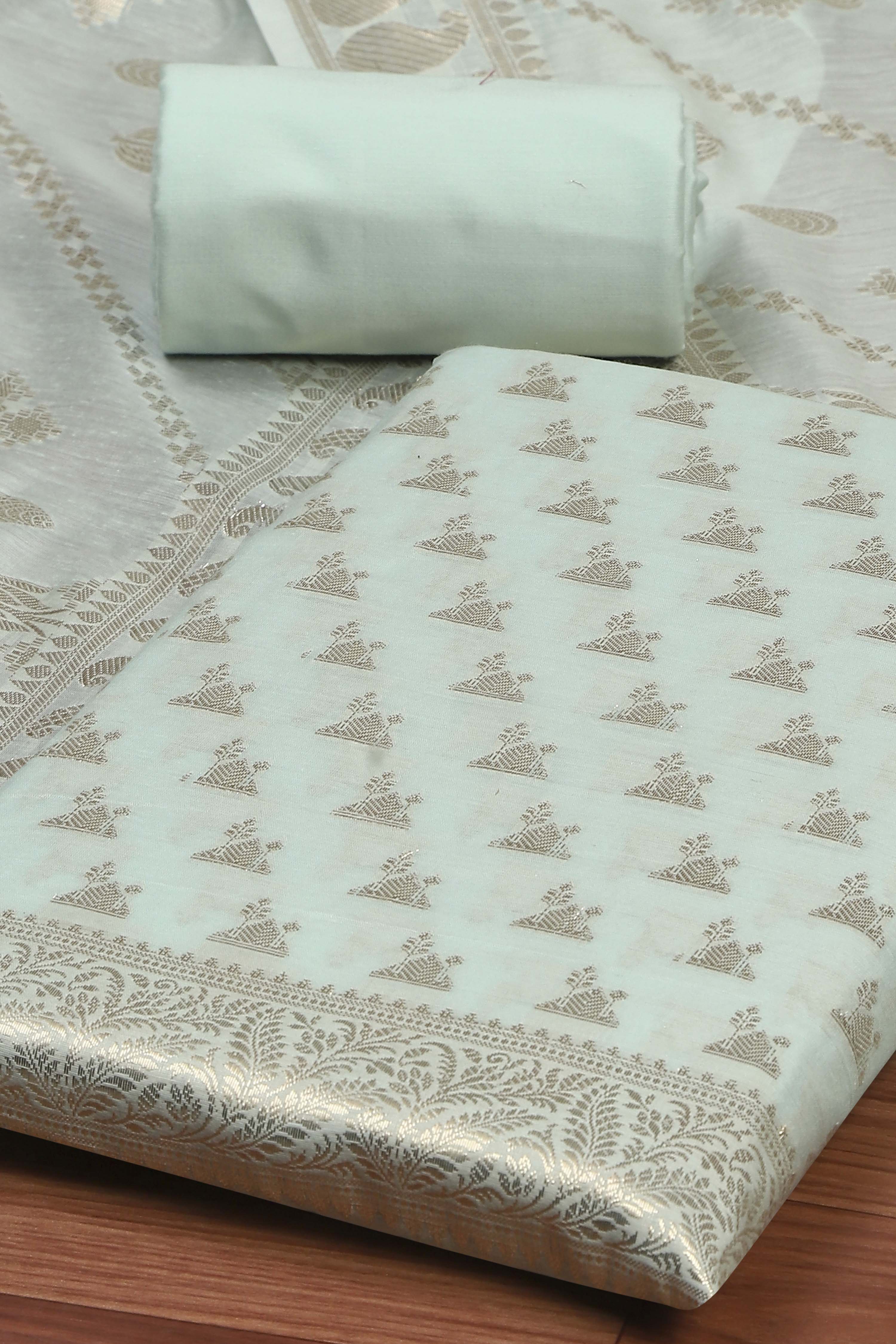 Blue Poly Silk Banarasi Unstitched Suit Set image number 1
