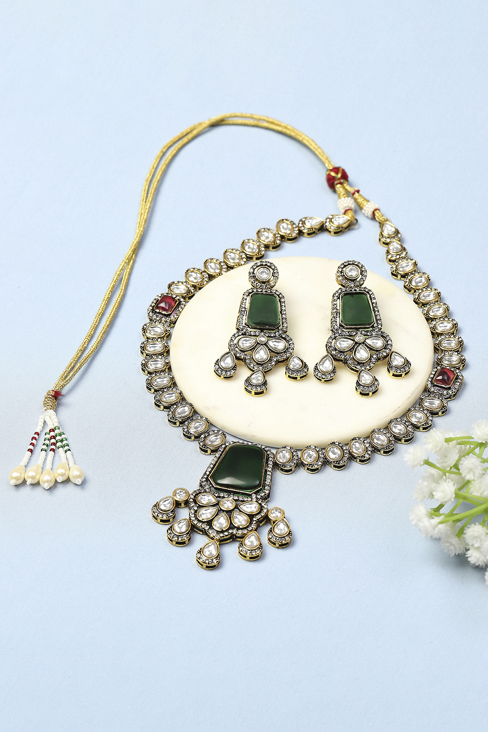 Green Pink Stone Necklace Set image number 0