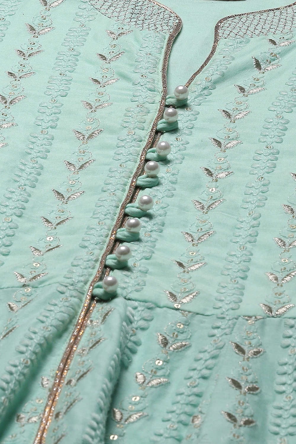 Aqua Blue Cotton Anarkali Kurta Lehenga Set image number 1