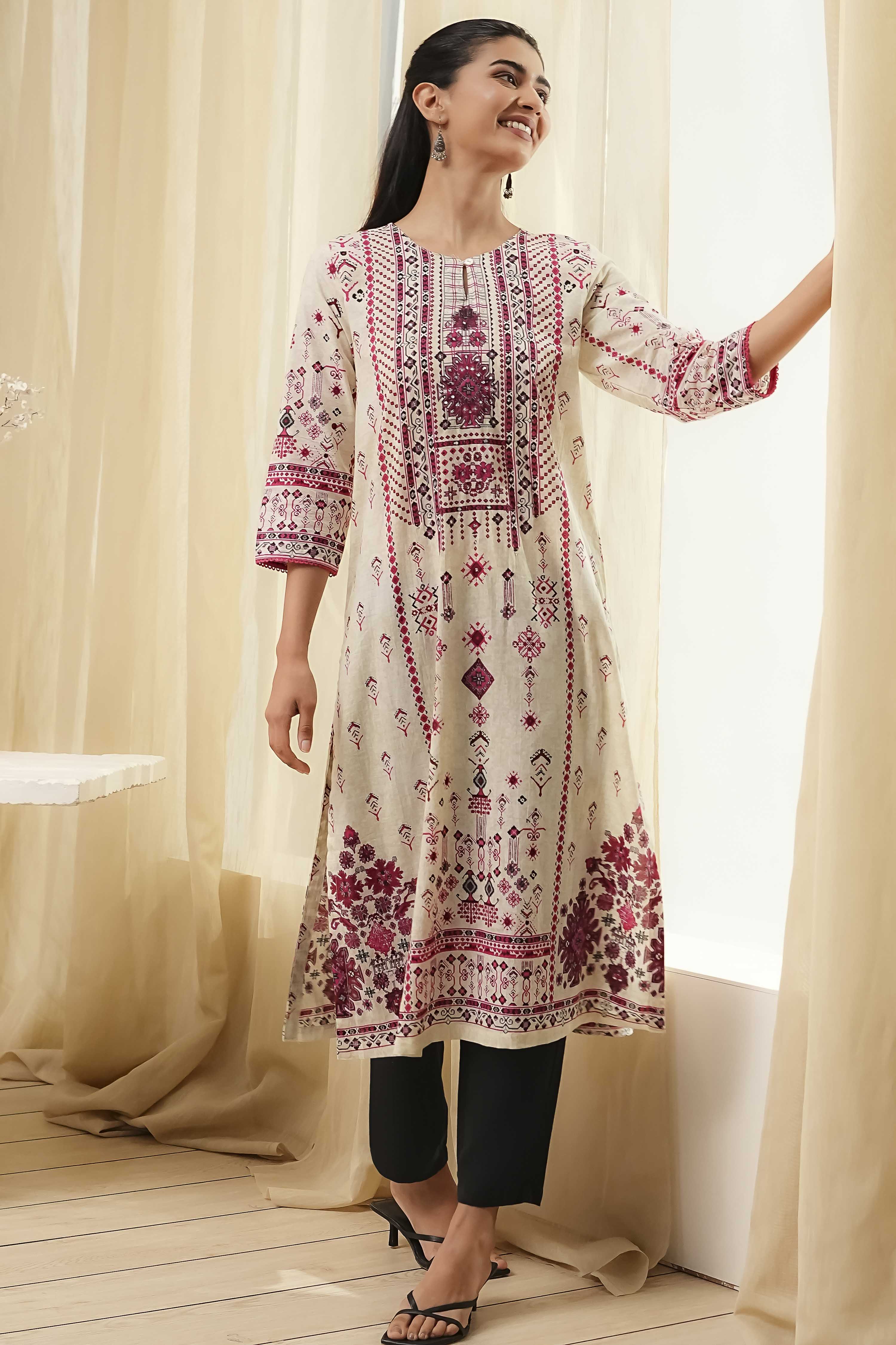 Off-White and Blue Cotton Straight Kurta image number 0