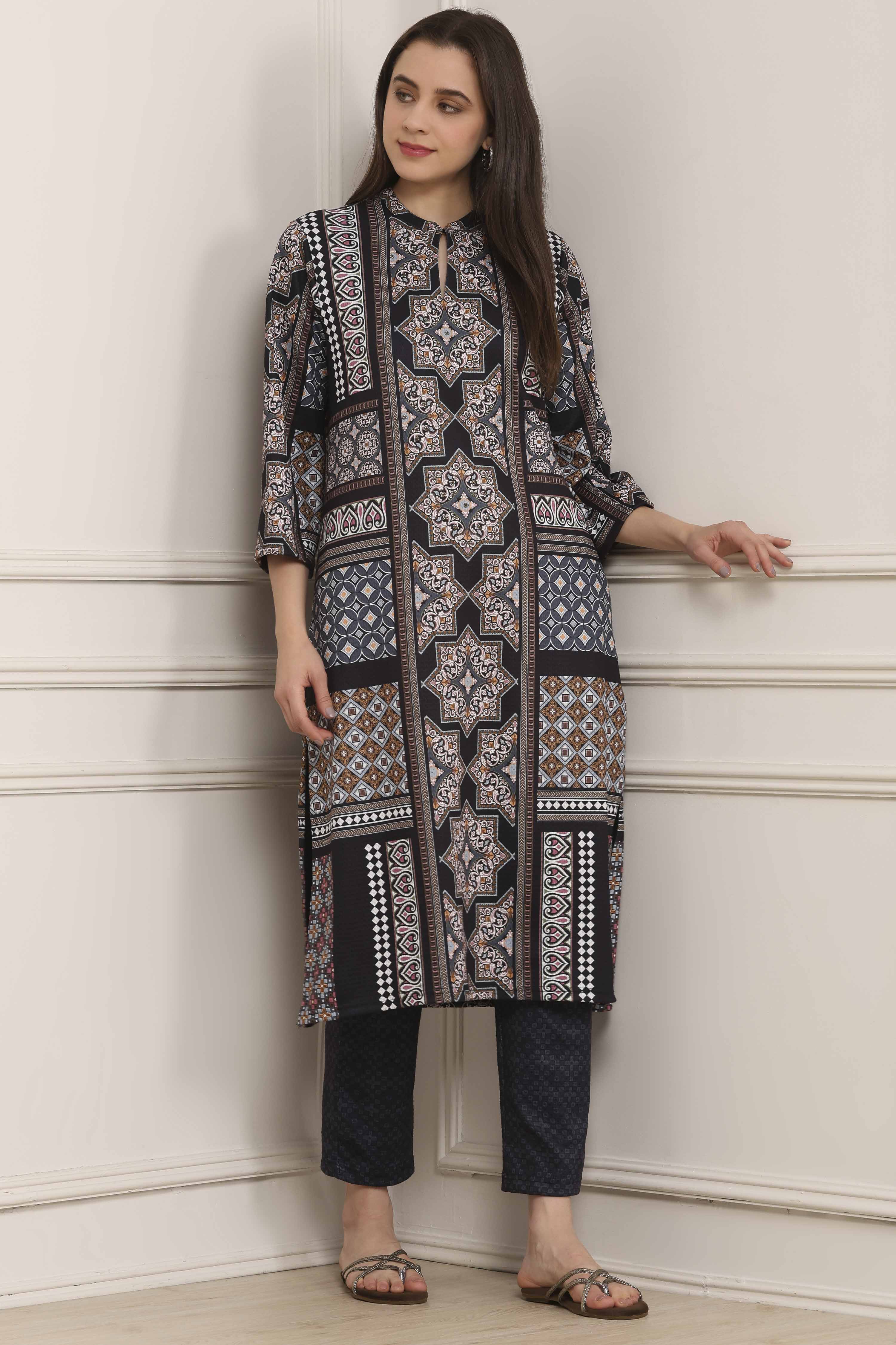 Black Polyester Printed Straight Kurta Pants Set image number 0