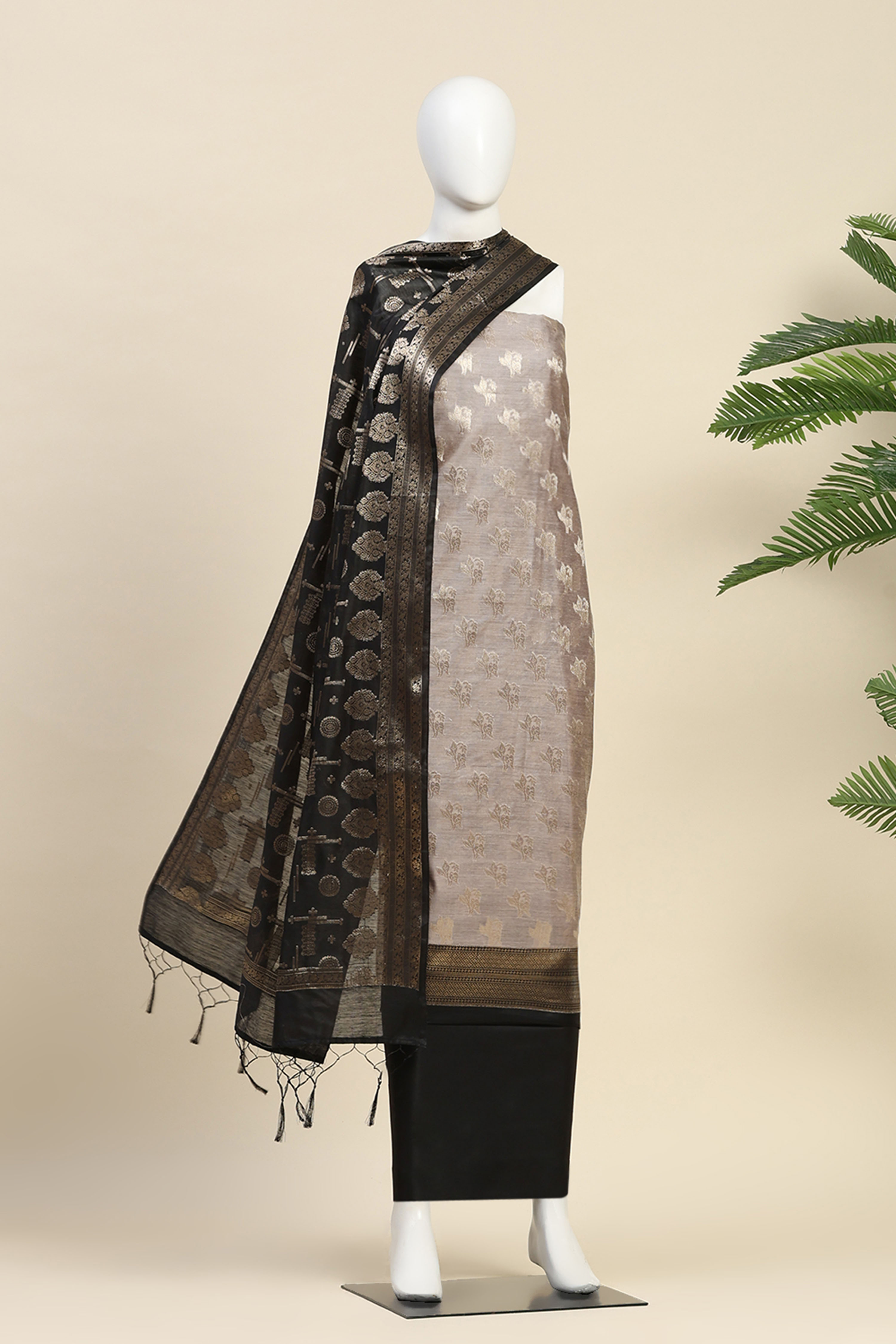 Wine Poly Silk Banarasi Unstitched Suit Set image number 4