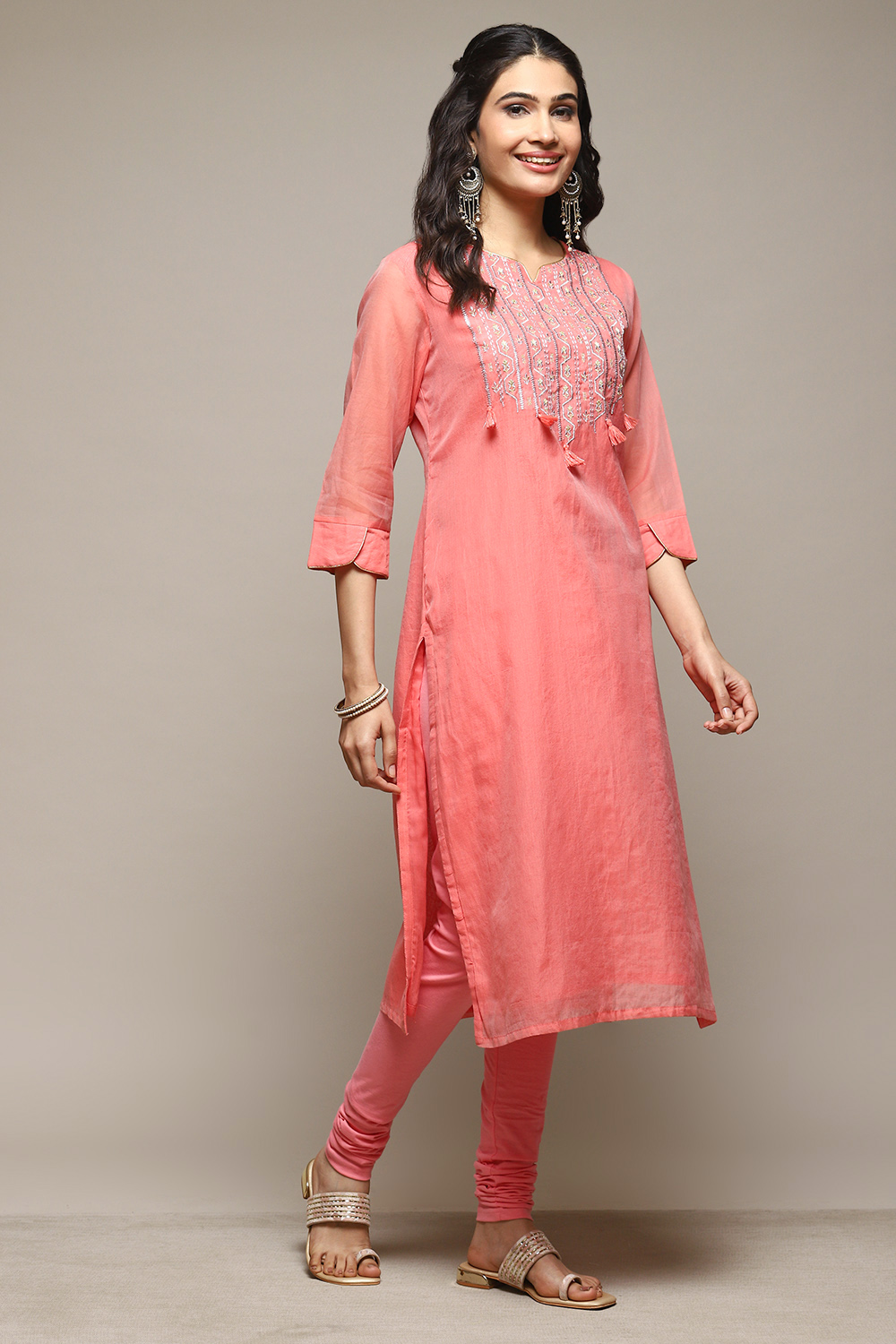 Orange Cotton Blend Flared Yarndyed Kurta image number 5