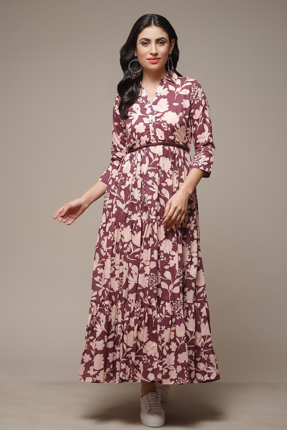 Beige Cotton Tiered Printed Dress image number 1