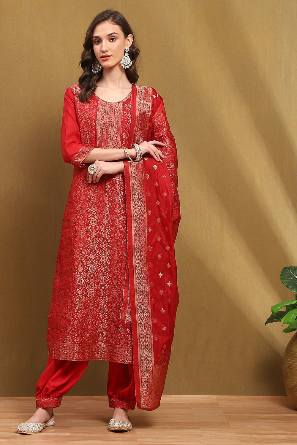 Mustard Yellow Silk Blend Woven Unstitched Suit Set image number 1
