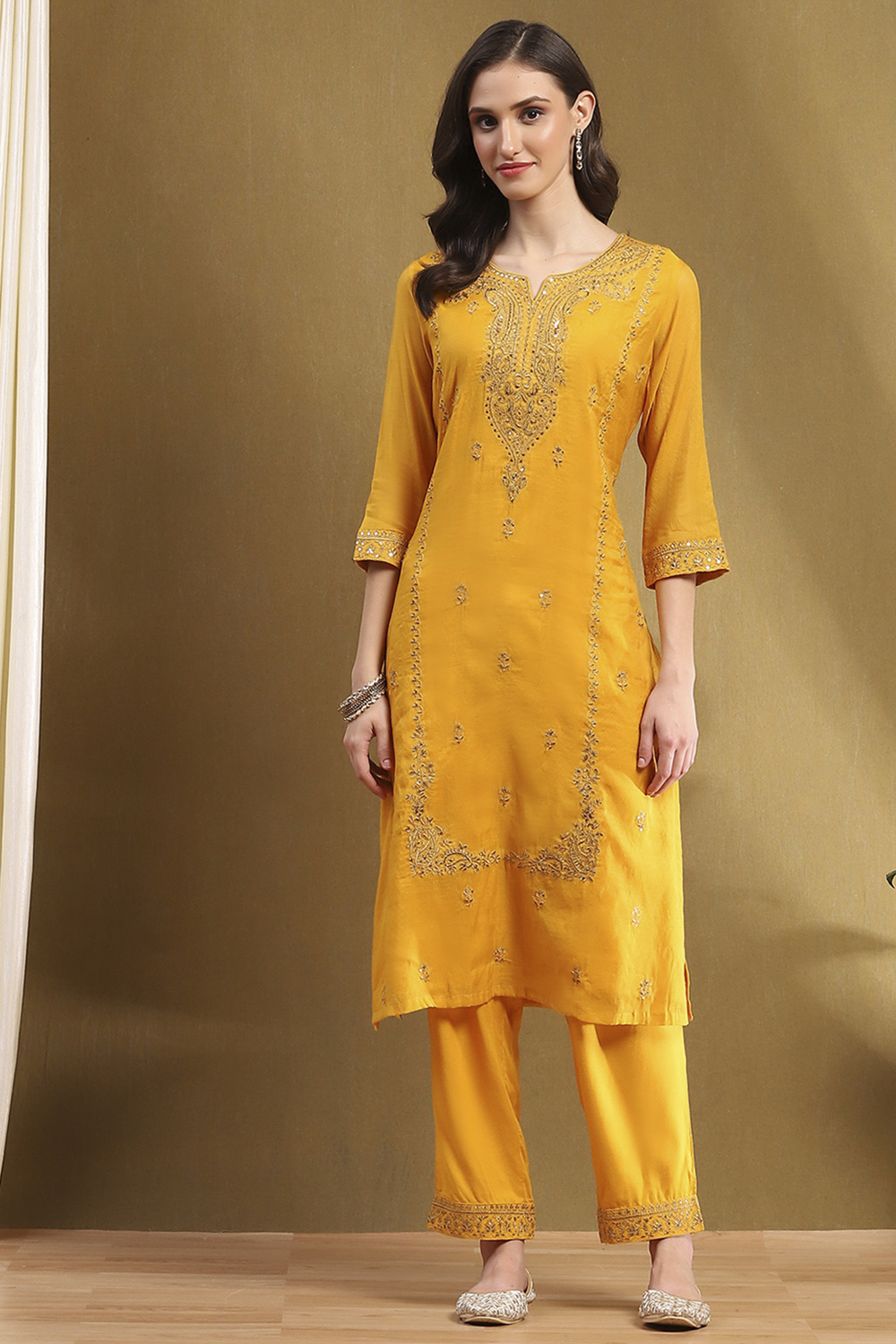 Yellow Embroidered Festive Straight Suit Set image number 6