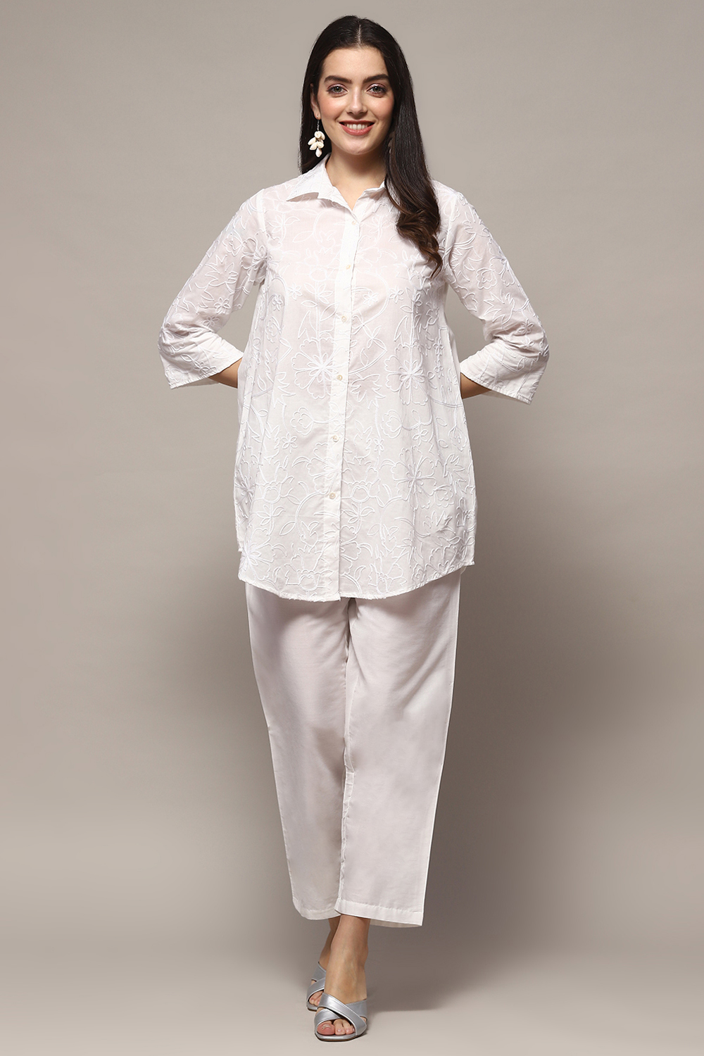 Lilac Cotton Straight Embroidered Shirt image number 0