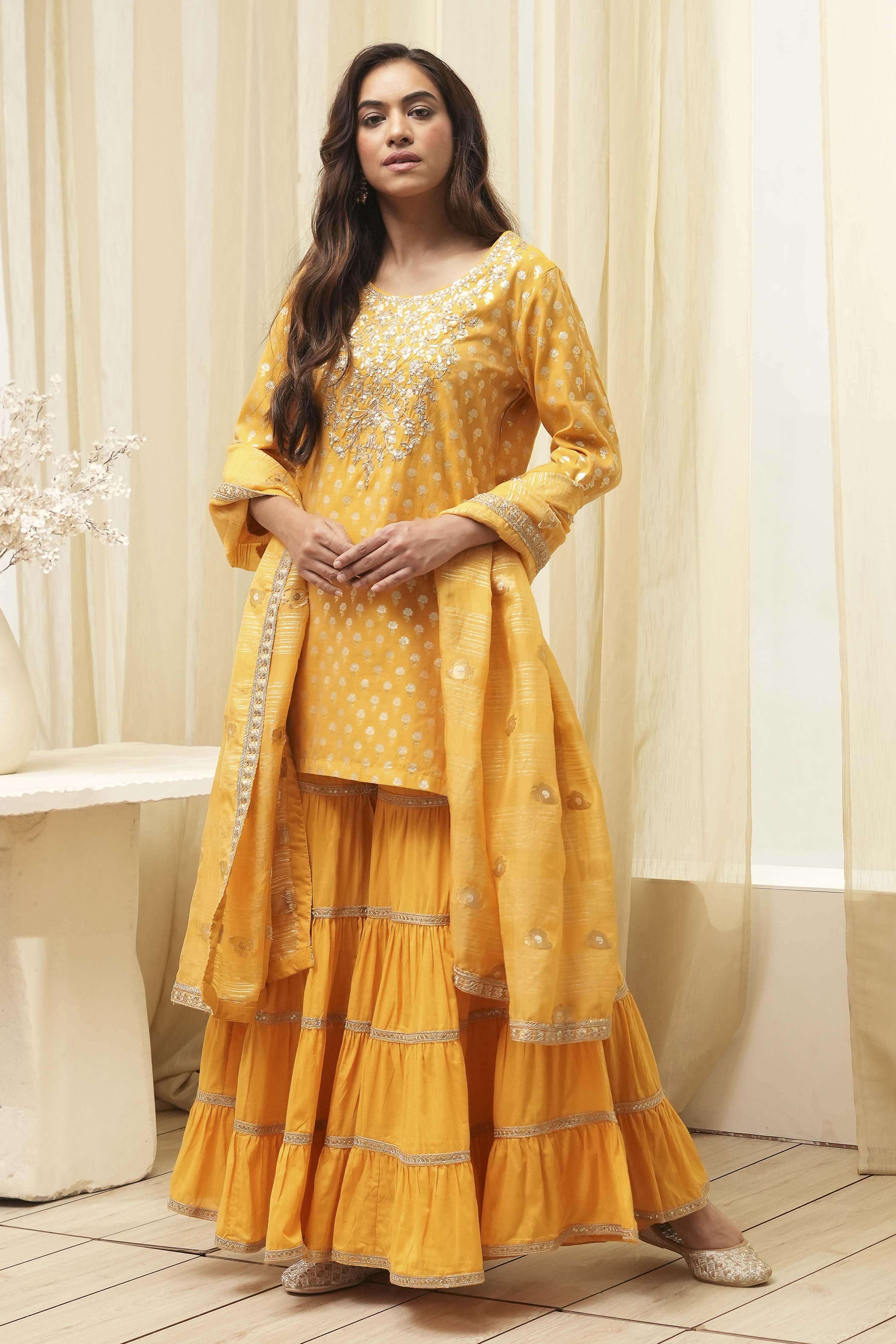 Ochre Yellow Embroidered Straight Suit Set image number 3