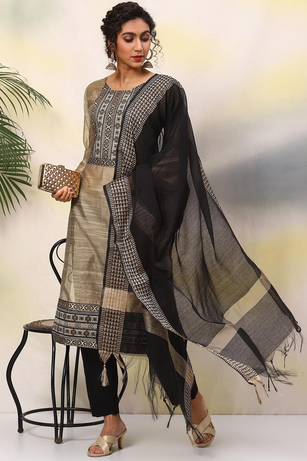 Beige Cotton Handloom Unstitched Suit Set image number 7