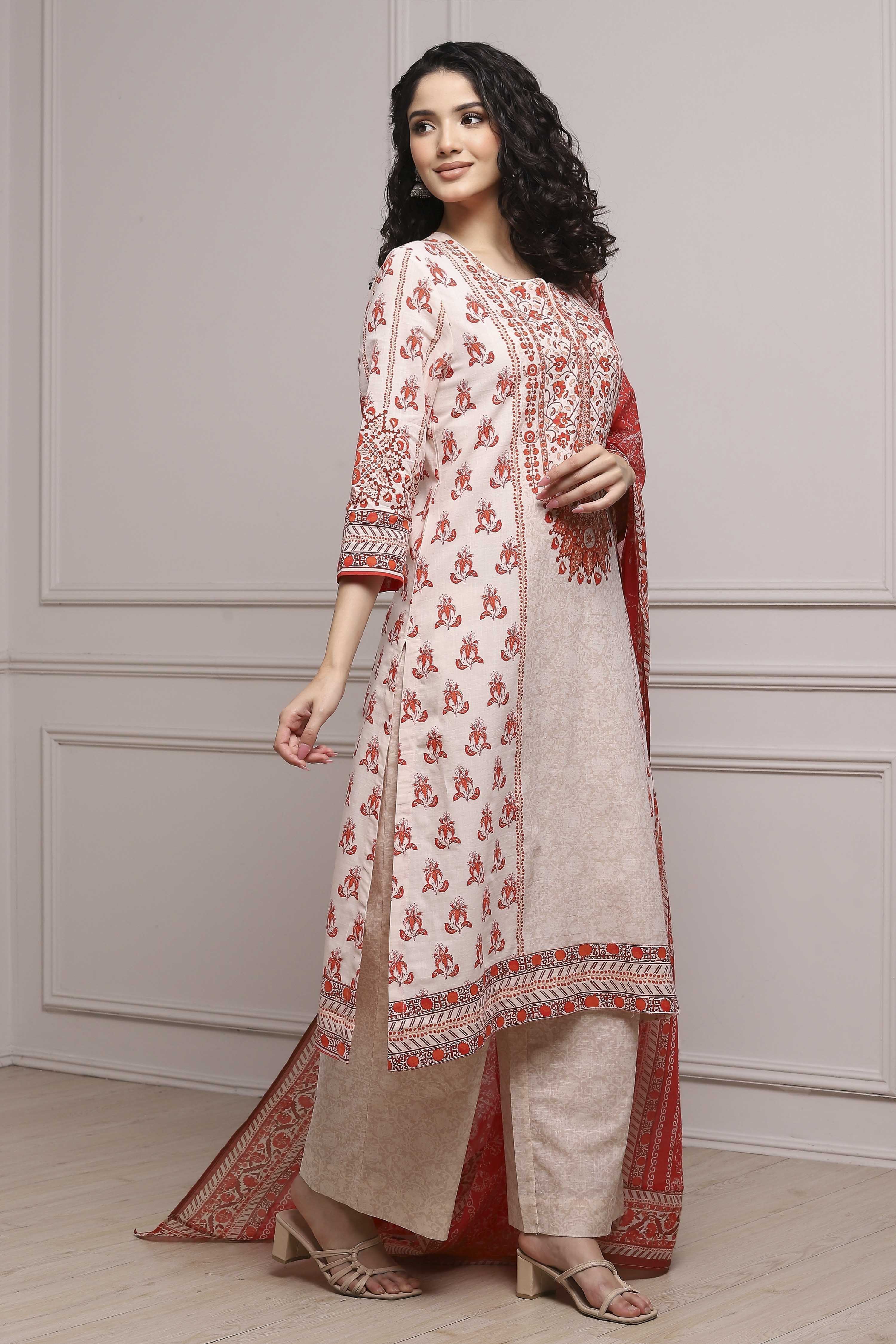 White and Blue Cotton Printed Straight Suit Set image number 5