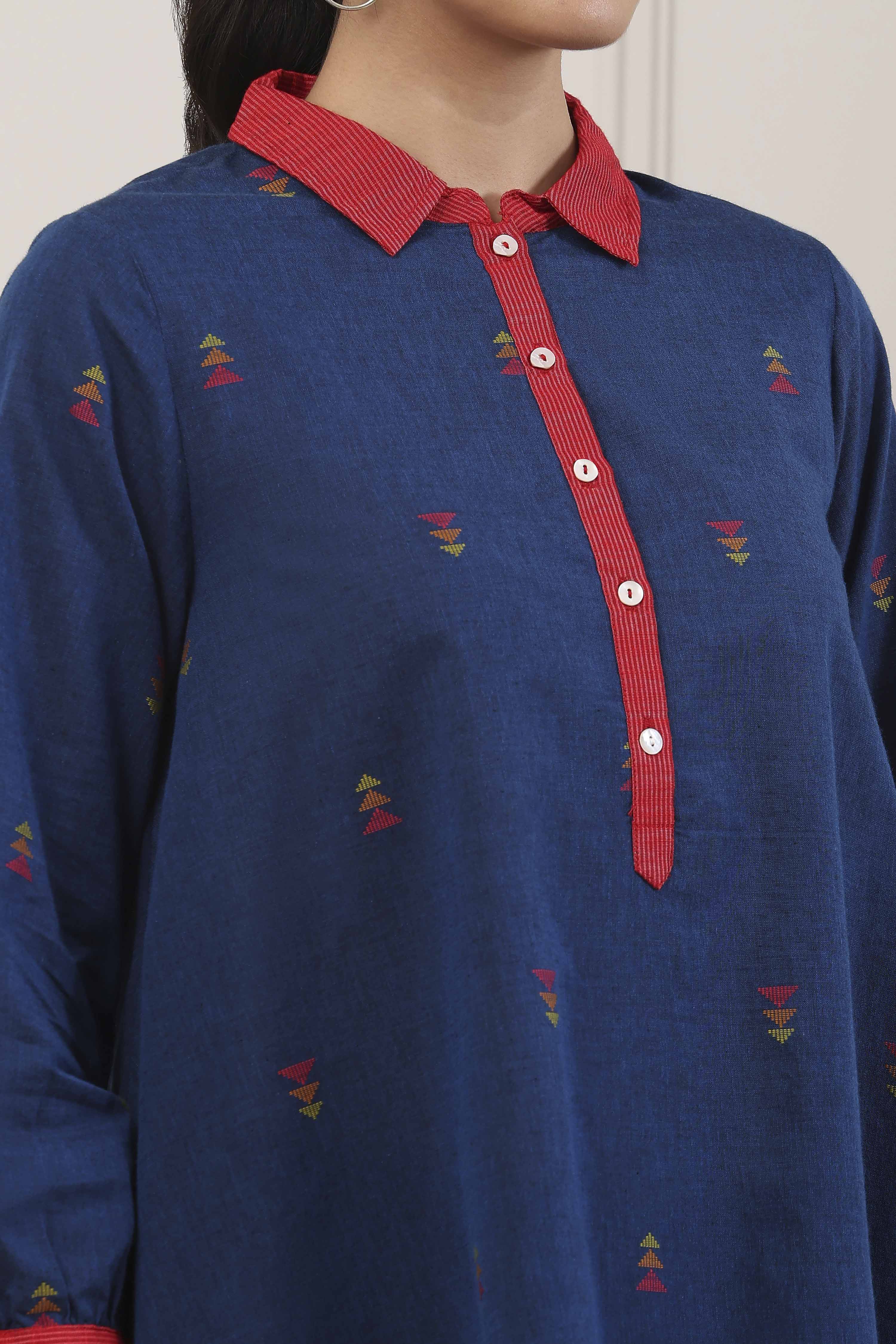 Blue Cotton Geometric Printed Shirt Style Kurti image number 1