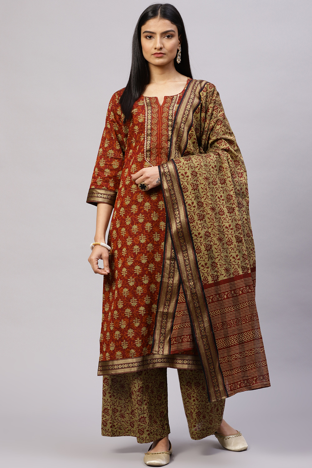 Red Cotton Woven Unstitched Suit Set image number 0