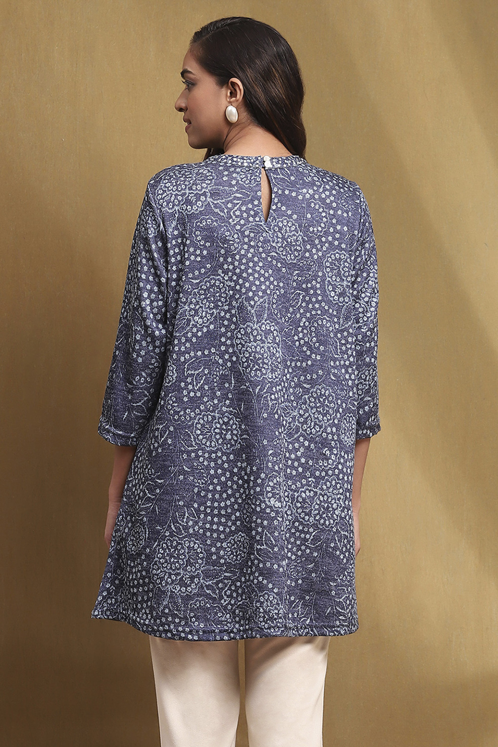 Ink Blue Knitted Block-Print Winter wear Short Kurta image number 3