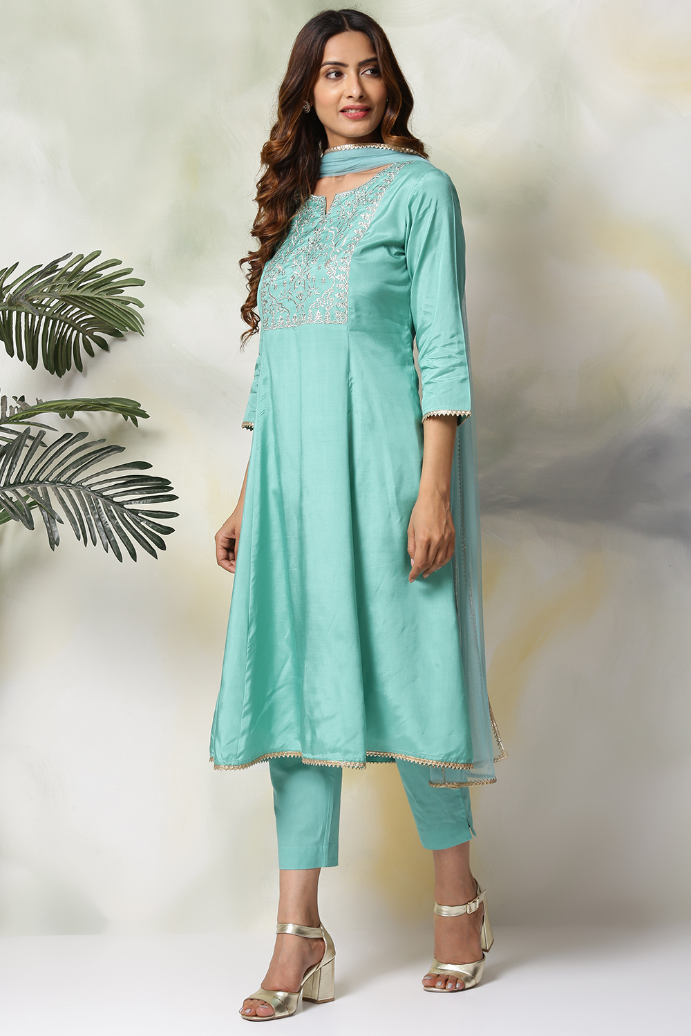 Mustard Viscose Kalidar Kurta Slim Pant Suit Set image number 4