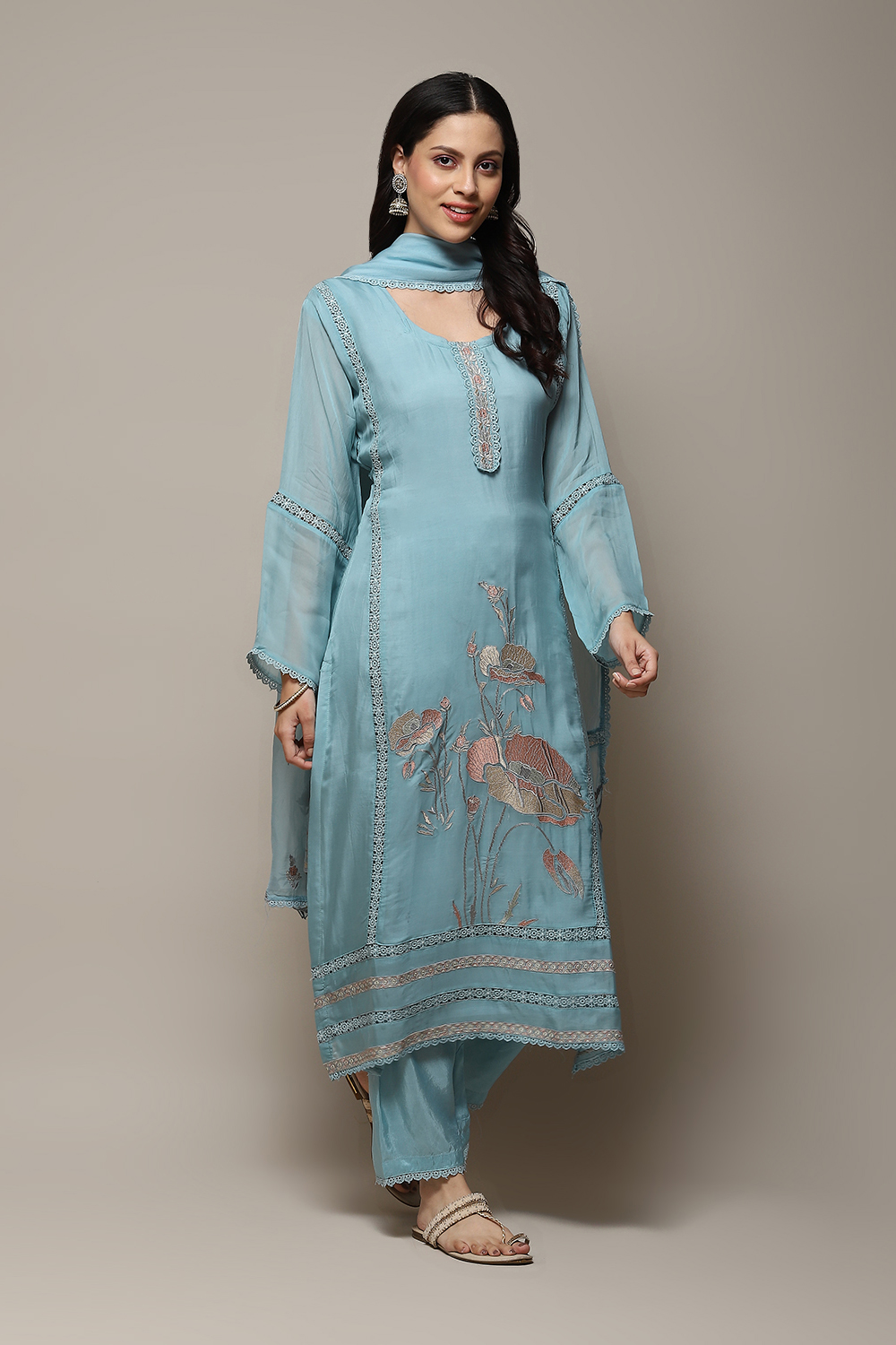Blue Organza Digital Print Unstitched Suit Set image number 7