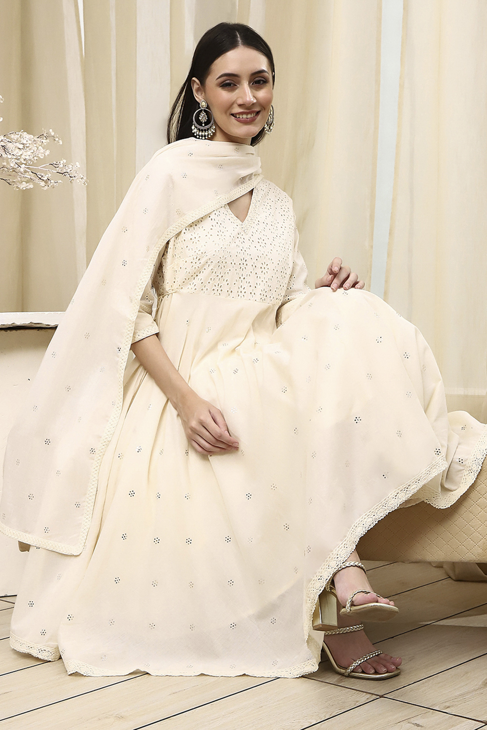 Off-White Cotton Schiffli Anarkali Suit Set image number 0