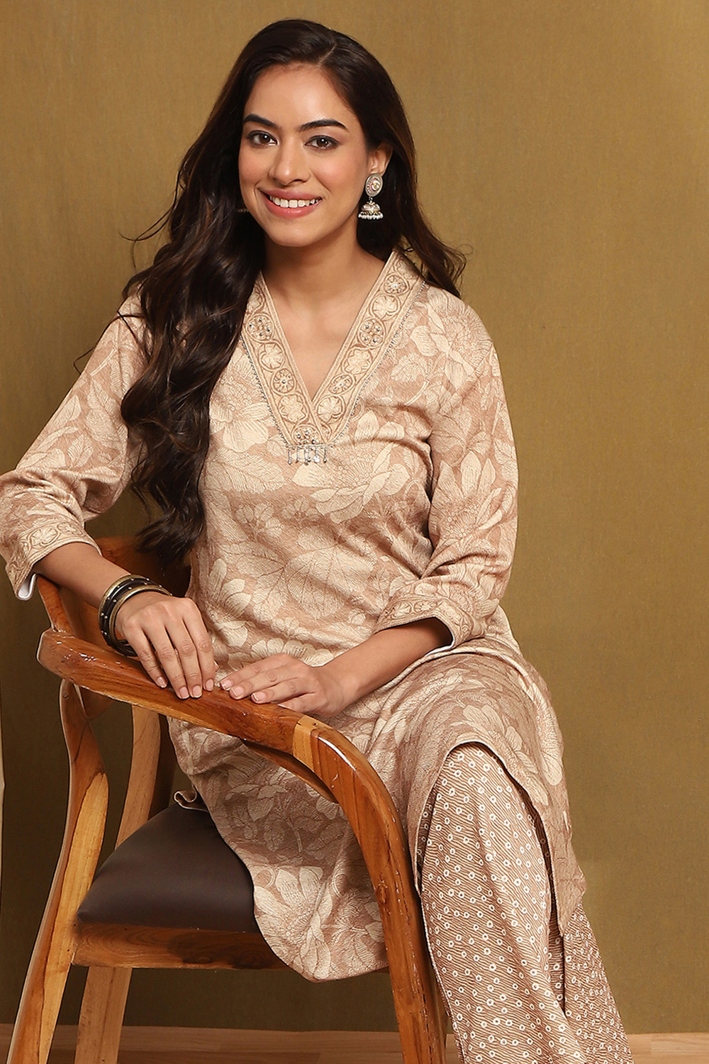 Beige Printed Straight Winter wear Kurta Set image number 0