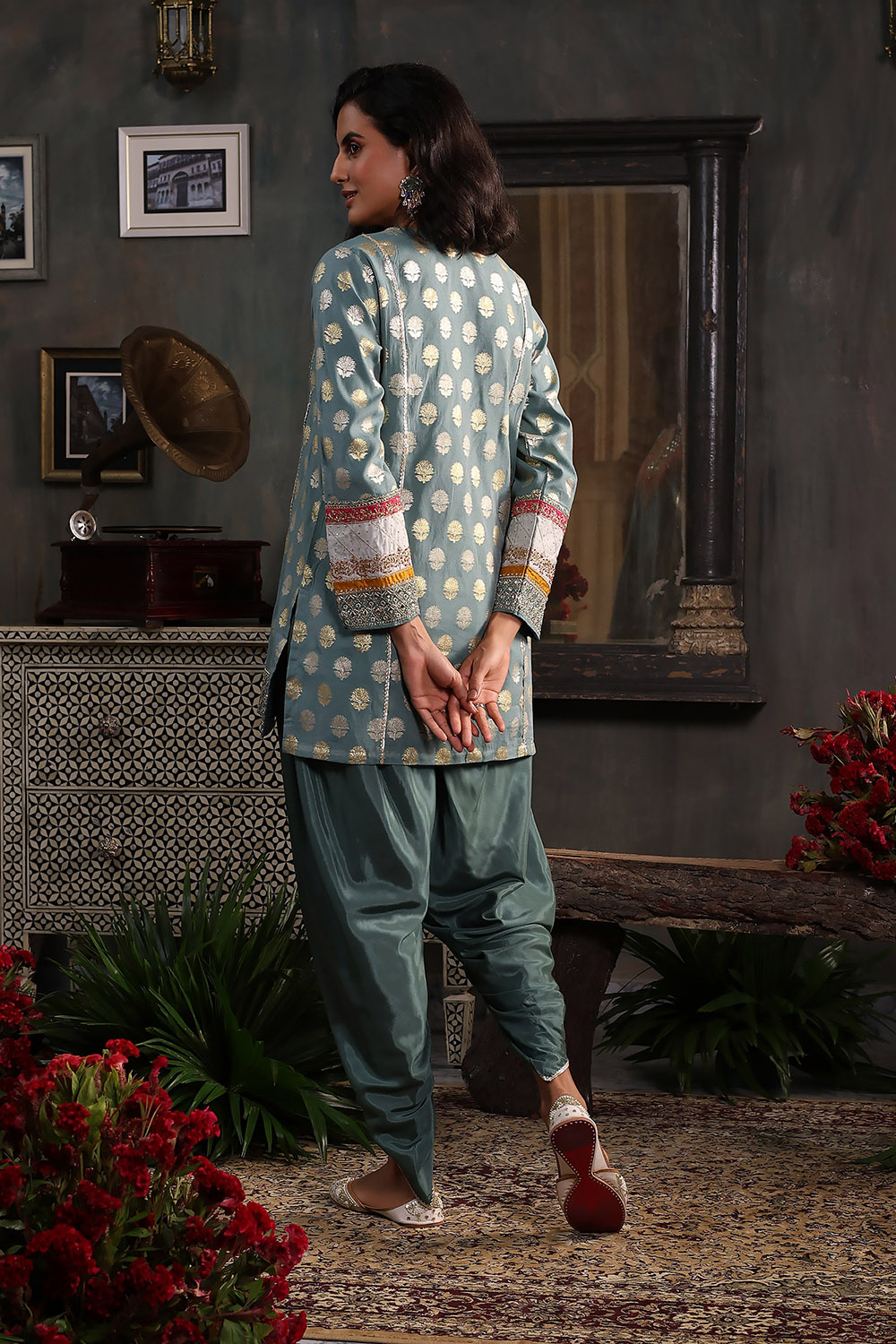 Earthy Blue Chanderi Jacquard Dori Embroidery Straight Suit Set image number 4