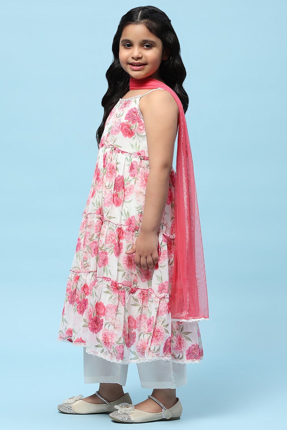 Off-White and Pink Poly Chiffon Floral Tiered Suit Set image number 4